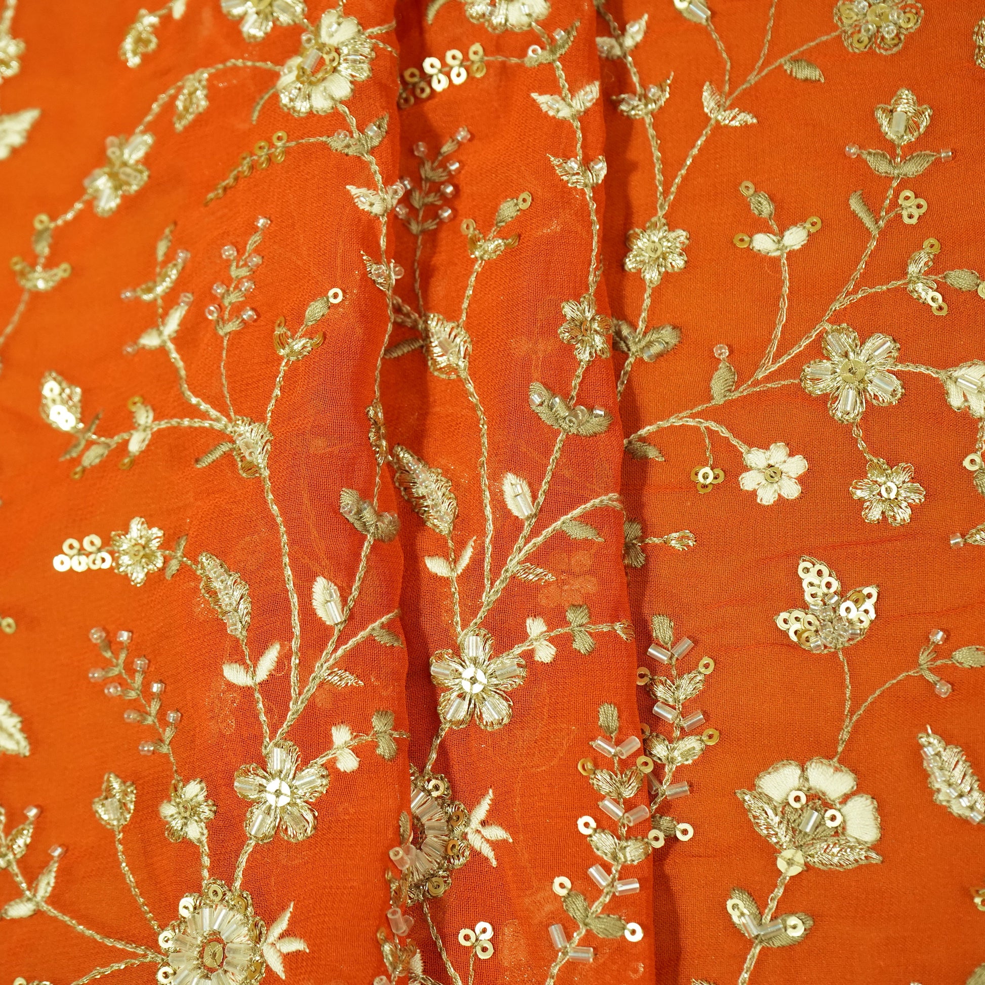 Orange Sequence Embroidery Georgette Fabric 22488