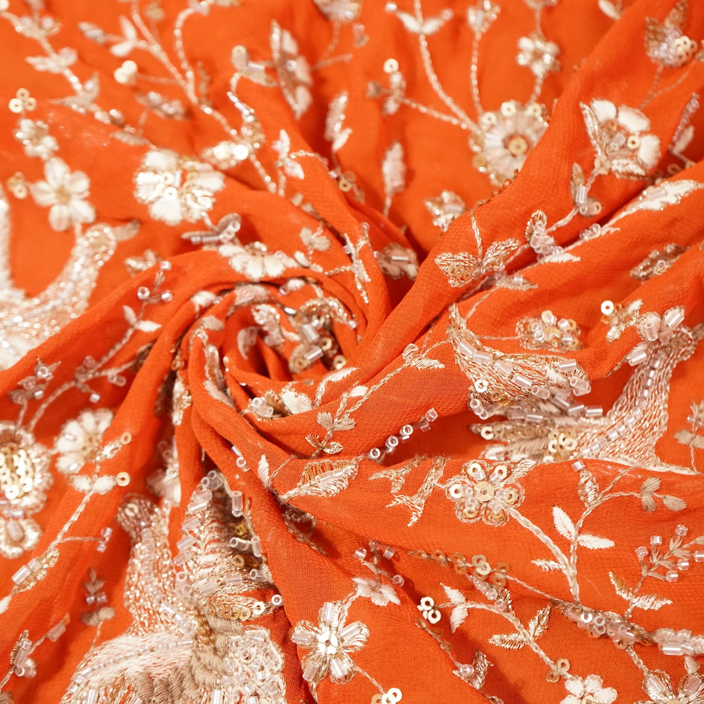 Orange Sequence Embroidery Georgette Fabric 22488