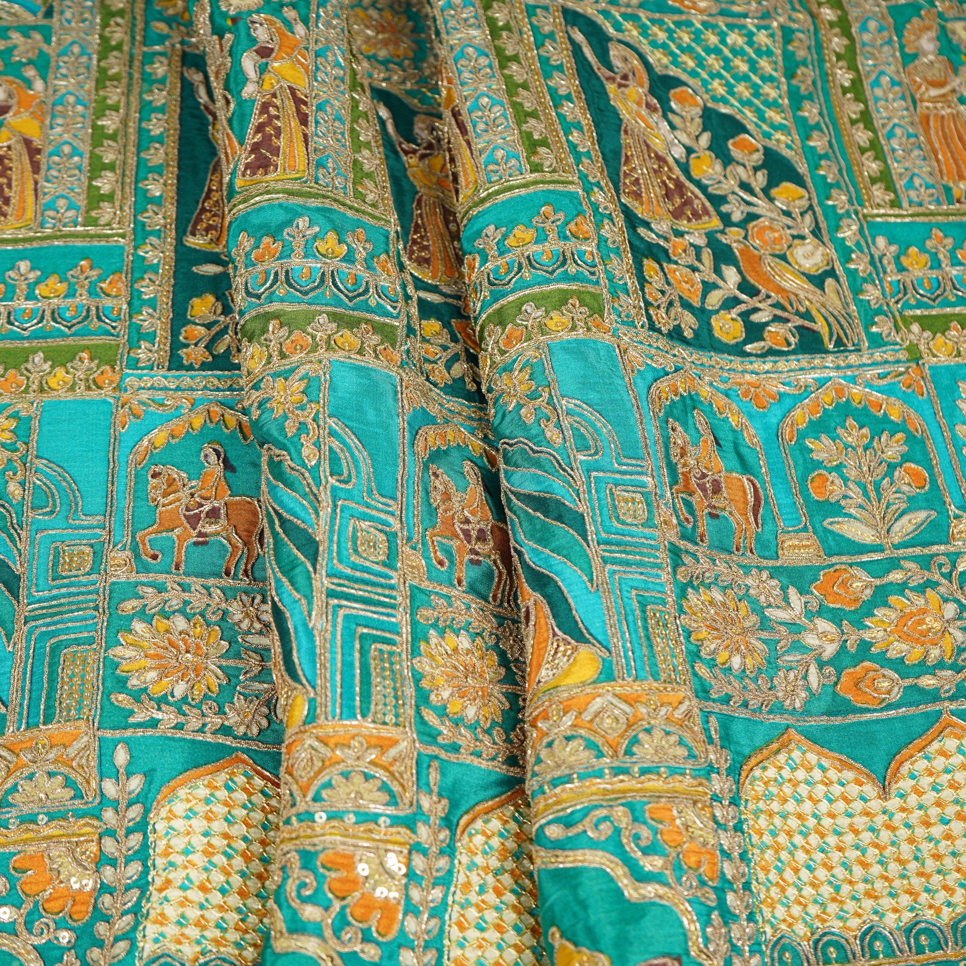 Teal Blue Traditional  Zari Embroidery Crepe Fabric 22502