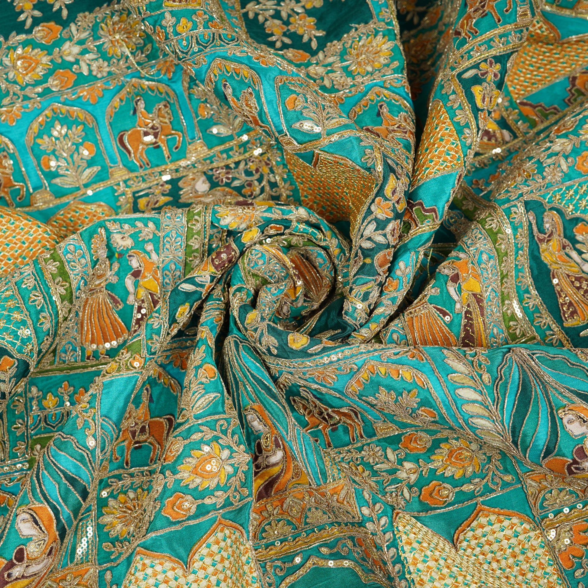 Teal Blue Traditional  Zari Embroidery Crepe Fabric 22502