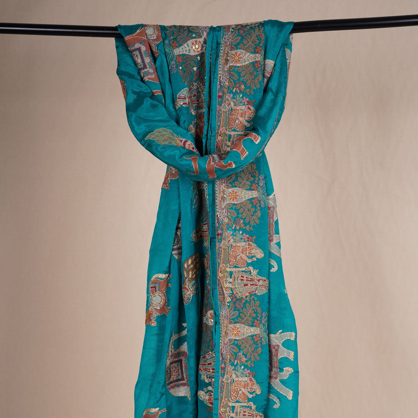 Teal Blue Thread Embroidery Crepe Dupatta