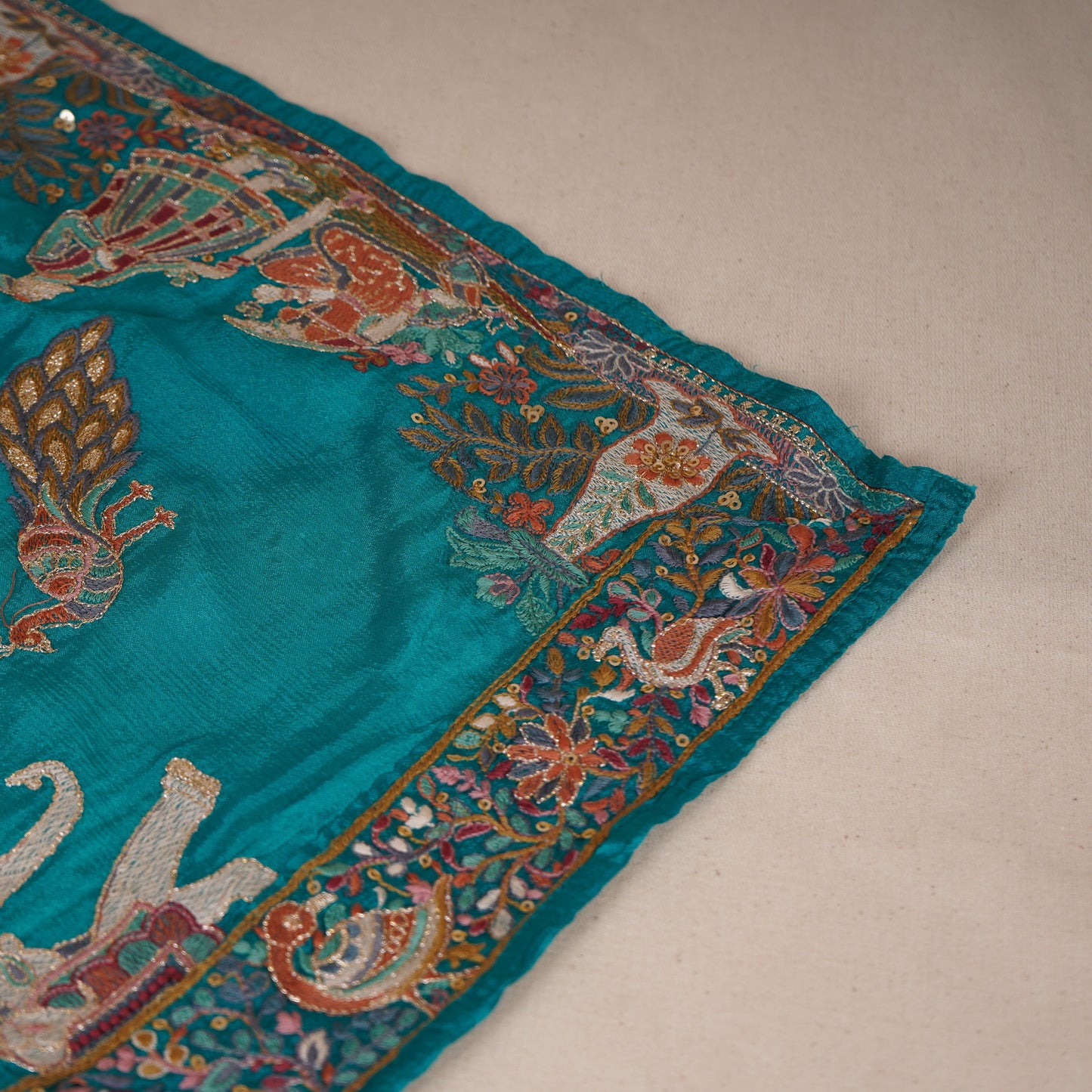 Teal Blue Thread Embroidery Crepe Dupatta