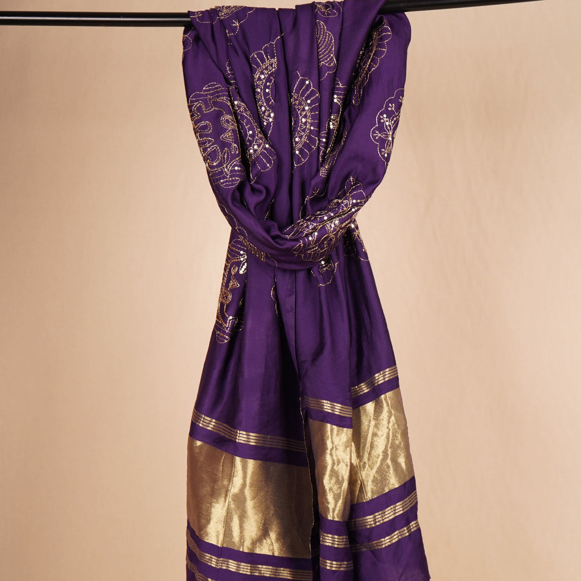 Purple Bandhani Zari Sequin embroidery Cotton Silk Dupatta