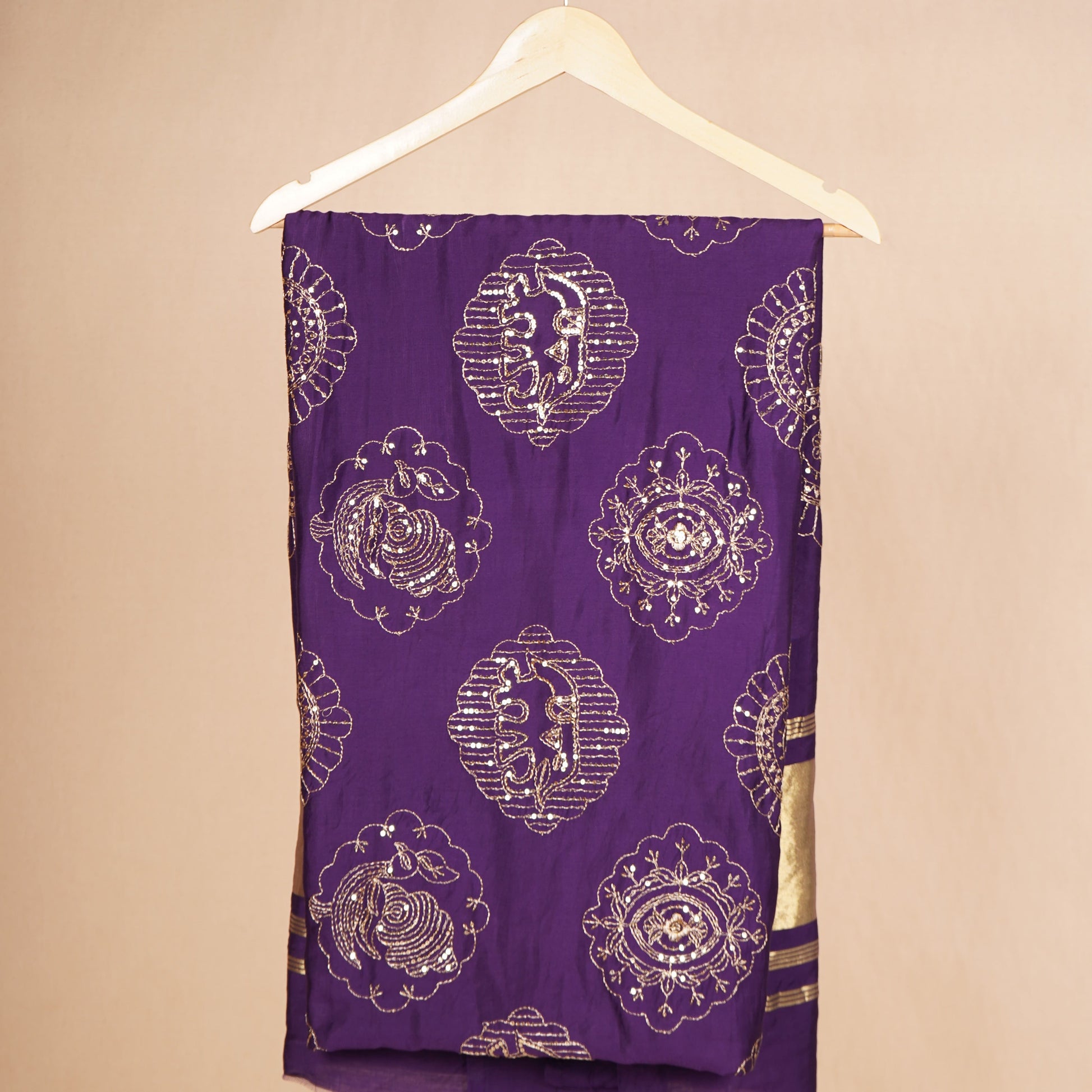 Purple Bandhani Zari Sequin embroidery Cotton Silk Dupatta