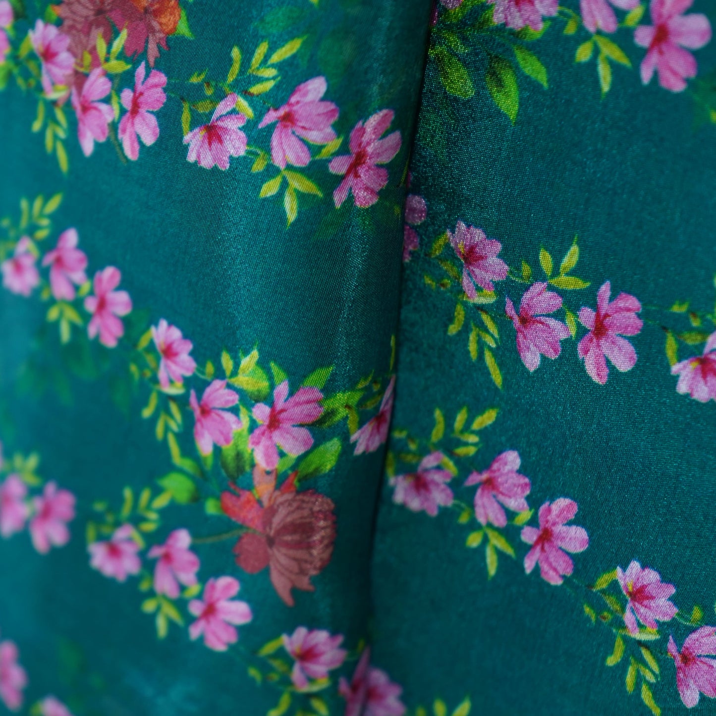 Bottle Green Floral Print Natural Crepe Fabric 