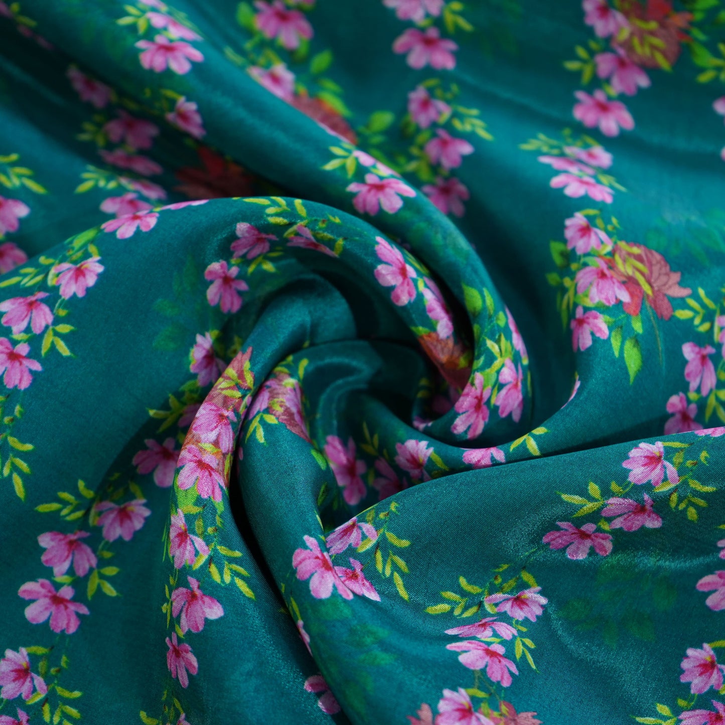 Bottle Green Floral Print Natural Crepe Fabric 