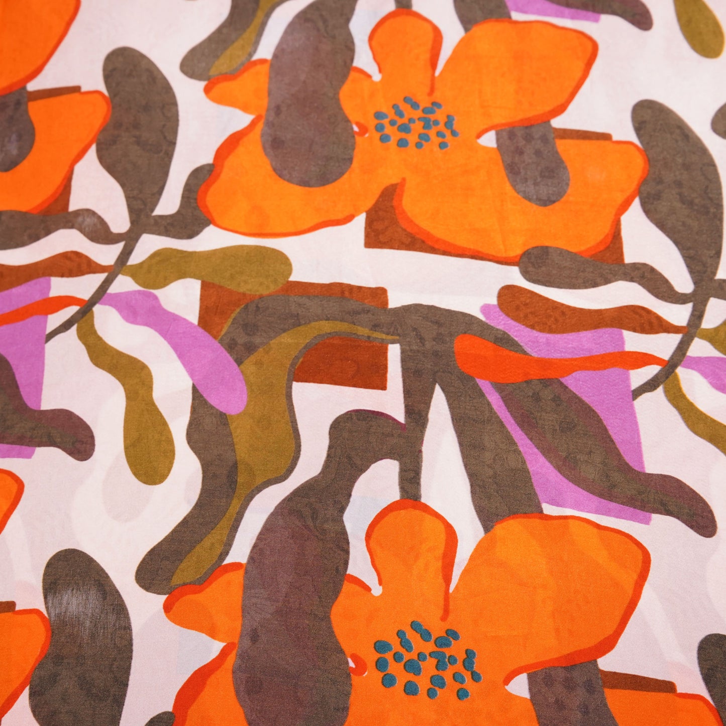 Orange Floral Print Natural Crepe Fabric