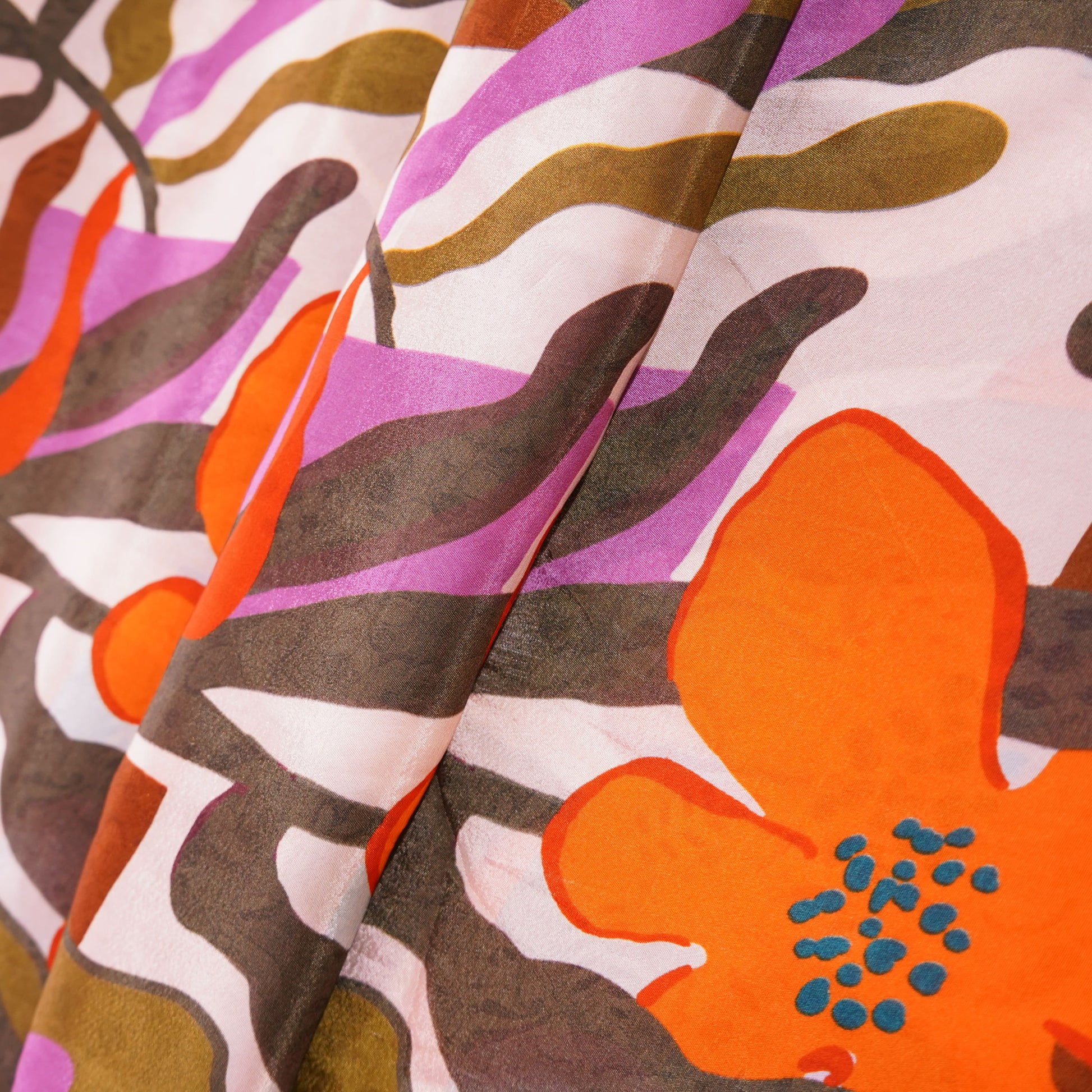 Orange Floral Print Natural Crepe Fabric