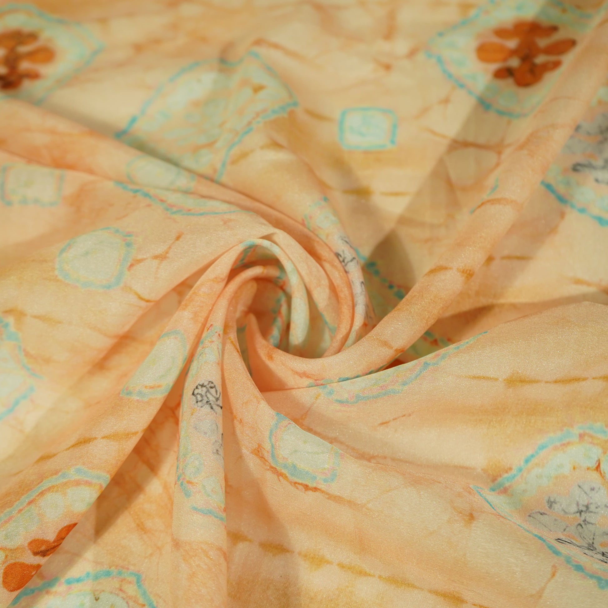 Light Orange & Multicolor Shibori Print Organza Fabric