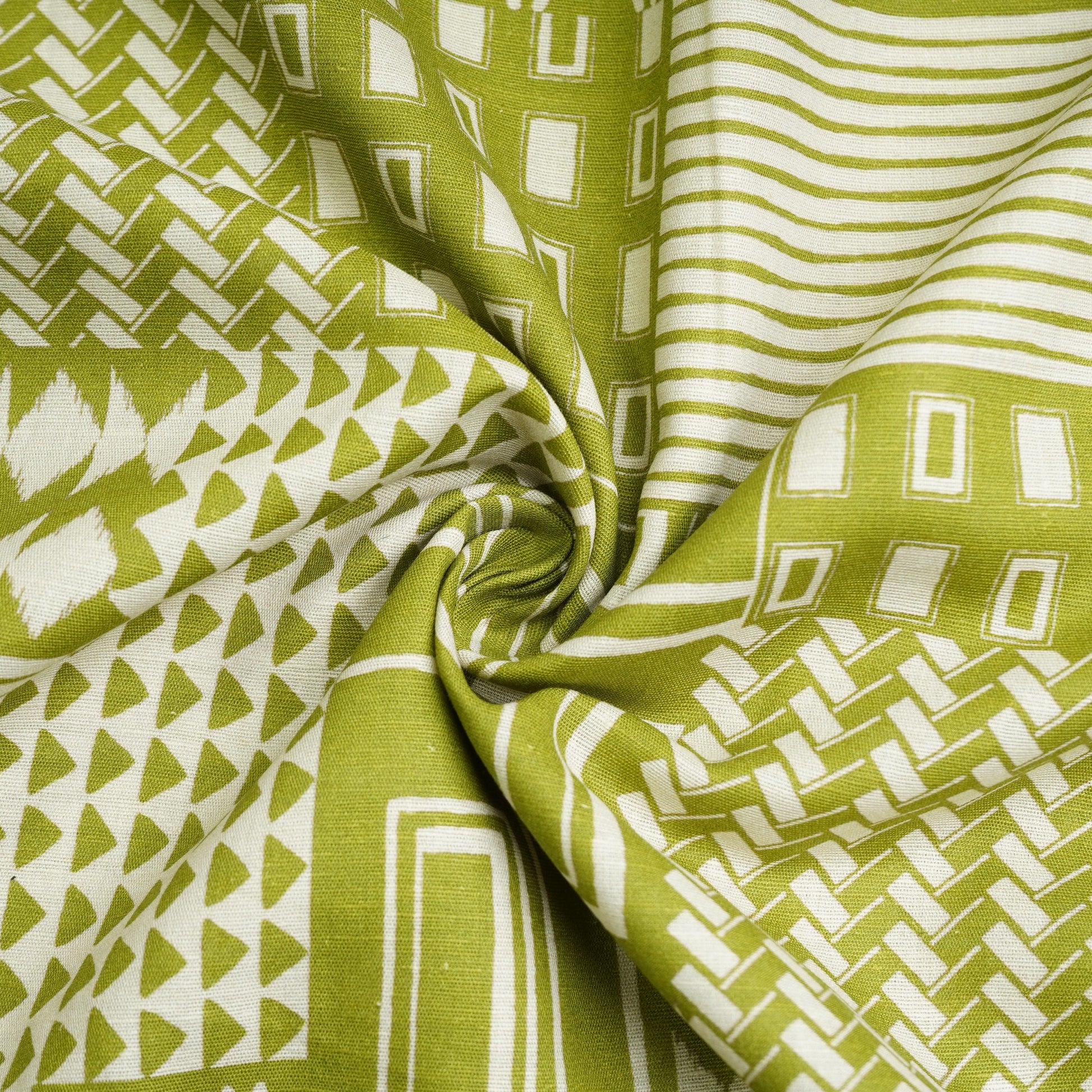 Green Geometrical Print Cotton Linen Fabric 21030