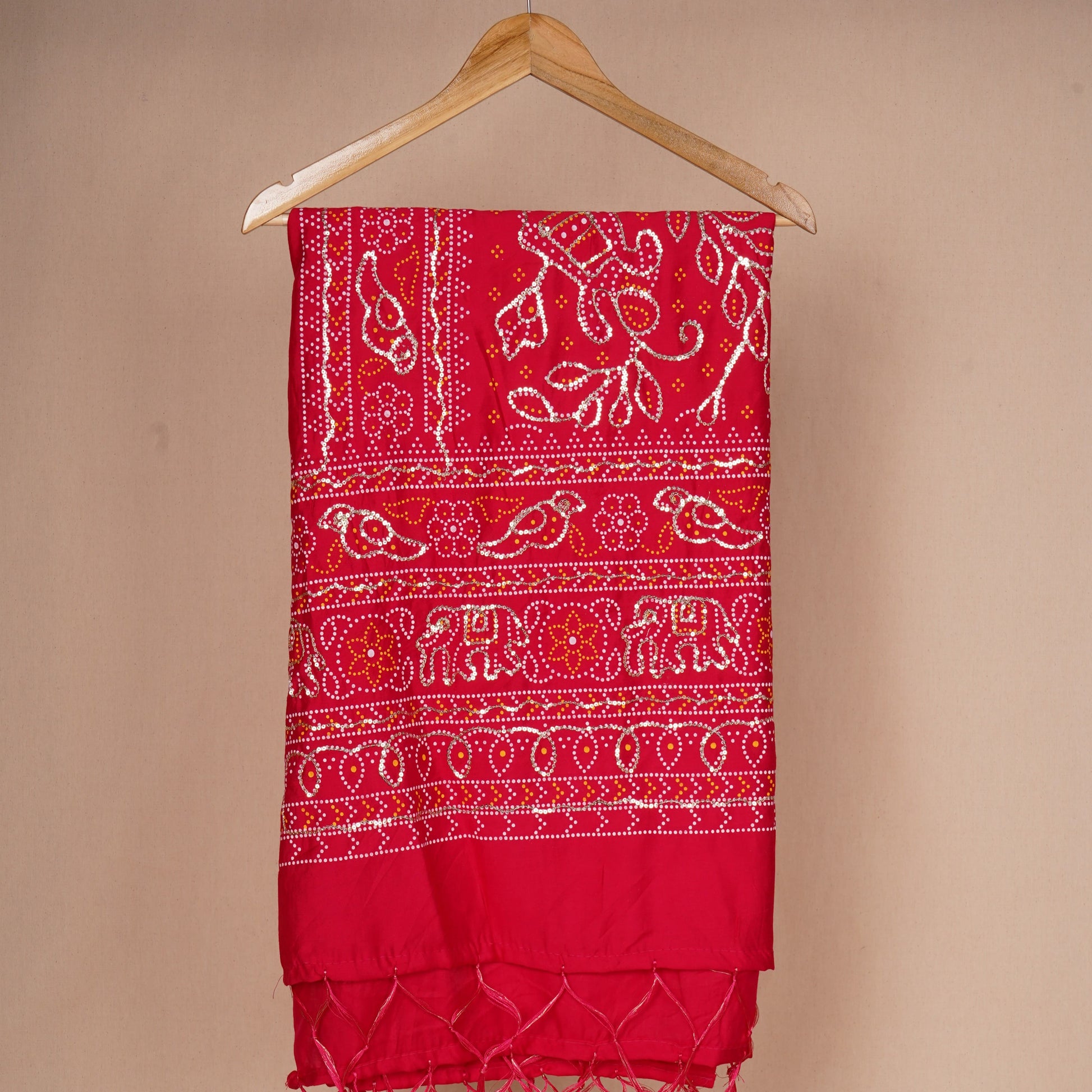 Red Bandhani Zari Sequin embroidery Cotton Silk Dupatta