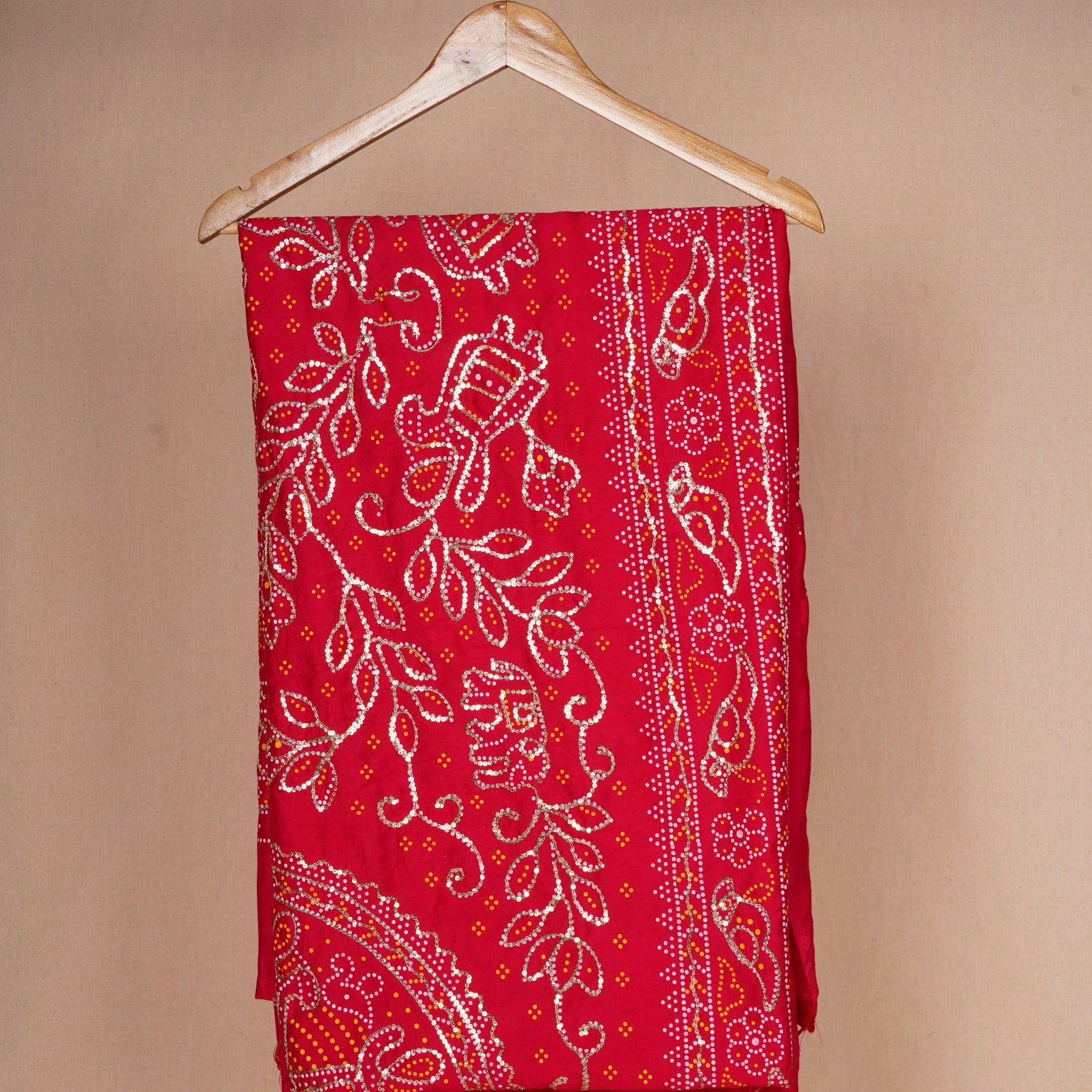 Red Bandhani Zari Sequin embroidery Cotton Silk Dupatta