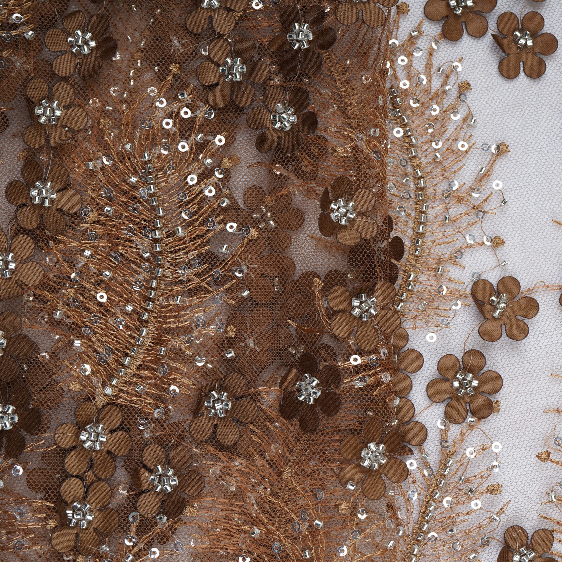 Coffee Brown Cutdana & Sequins Embroidery Net Fabric 21933