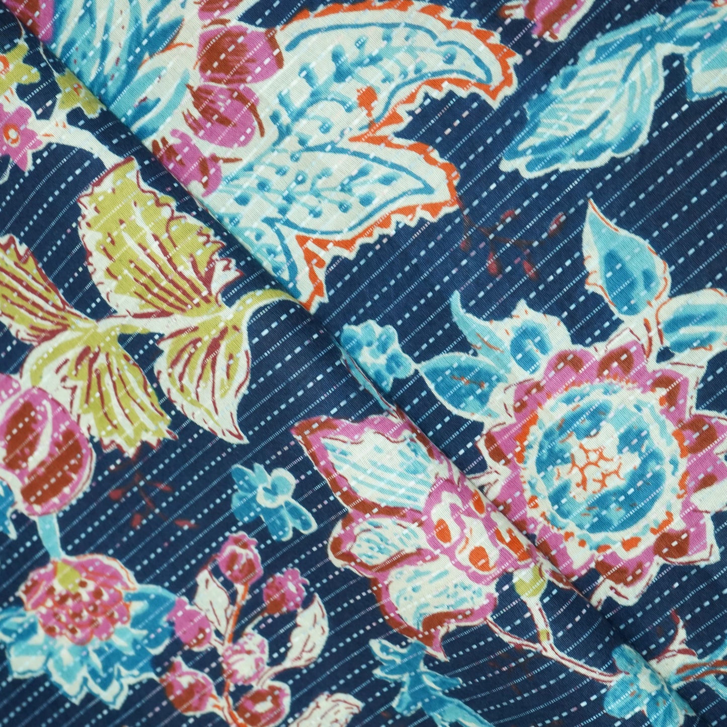 Blue Floral Print Cotton Katha Fabric 23460