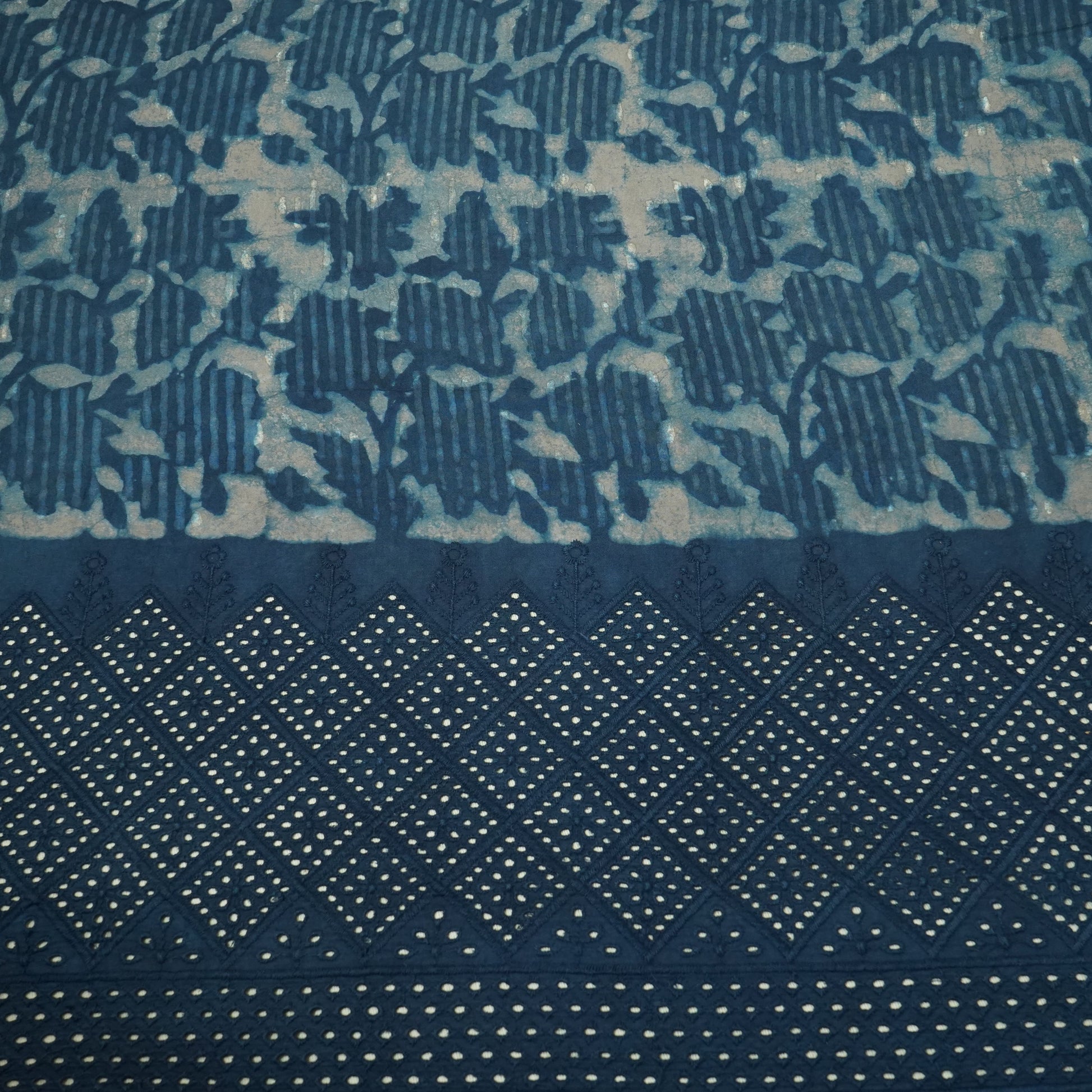 Indigo Schiffli Embroidery on Border Cotton Fabric 23592