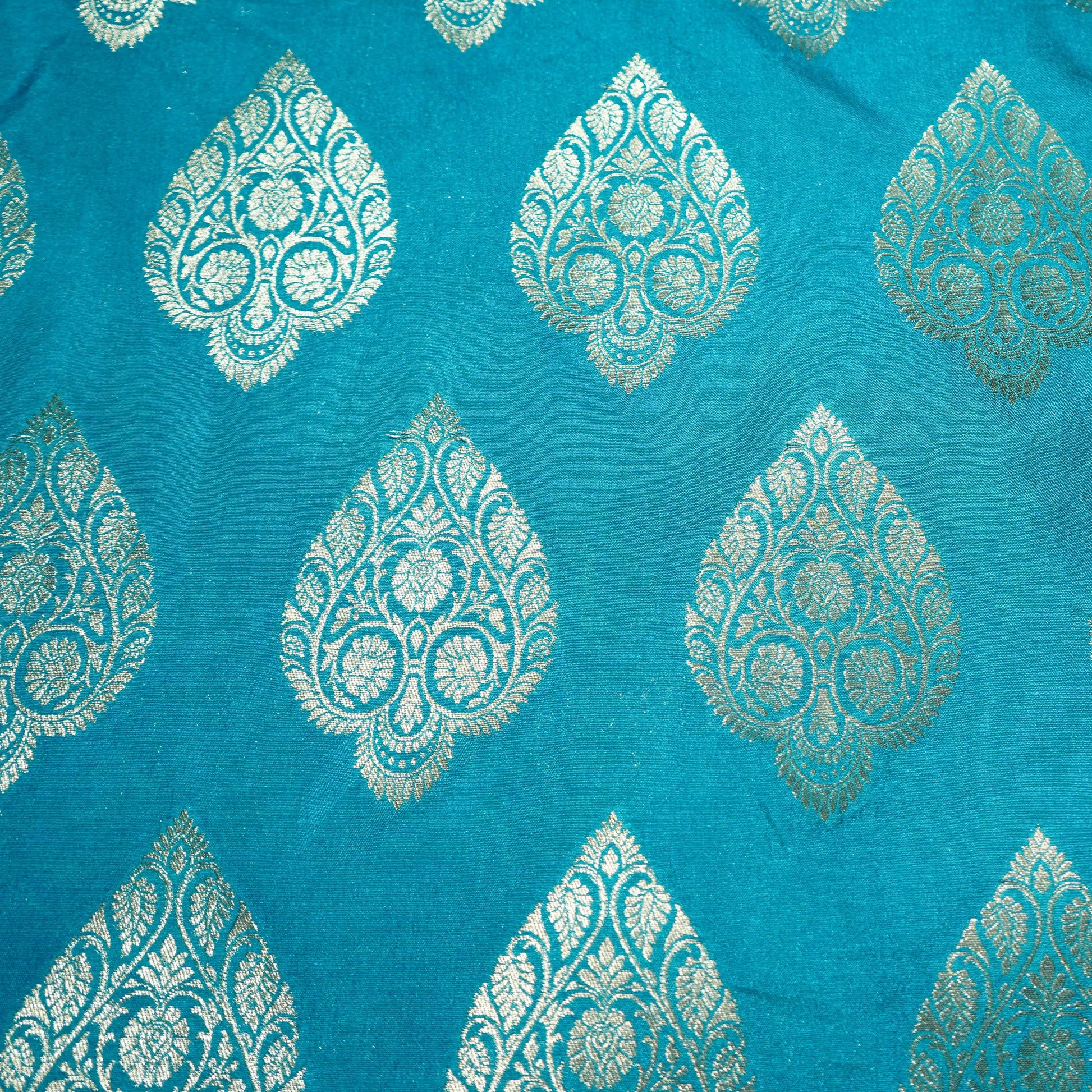 Sky Blue Golden Zari Kattan Silk Fabric 21872