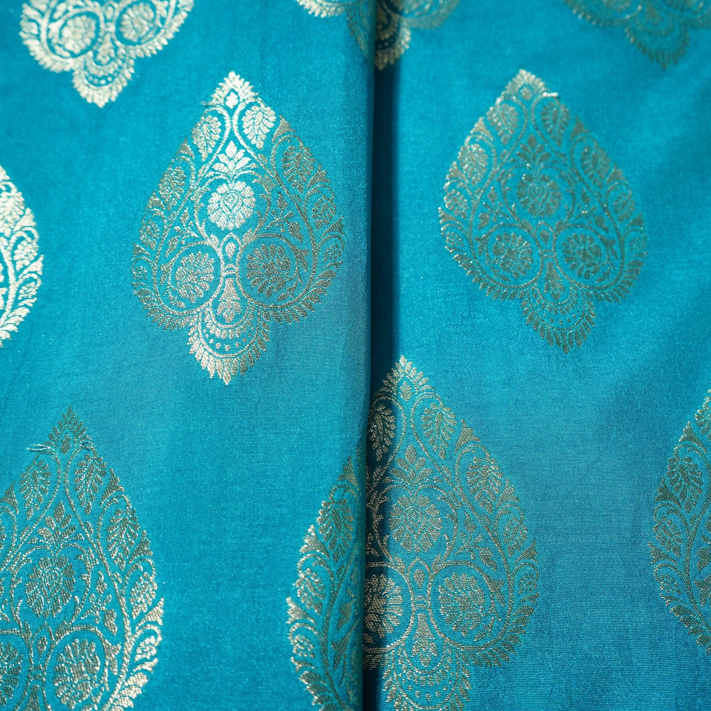 Sky Blue Golden Zari Kattan Silk Fabric 21872