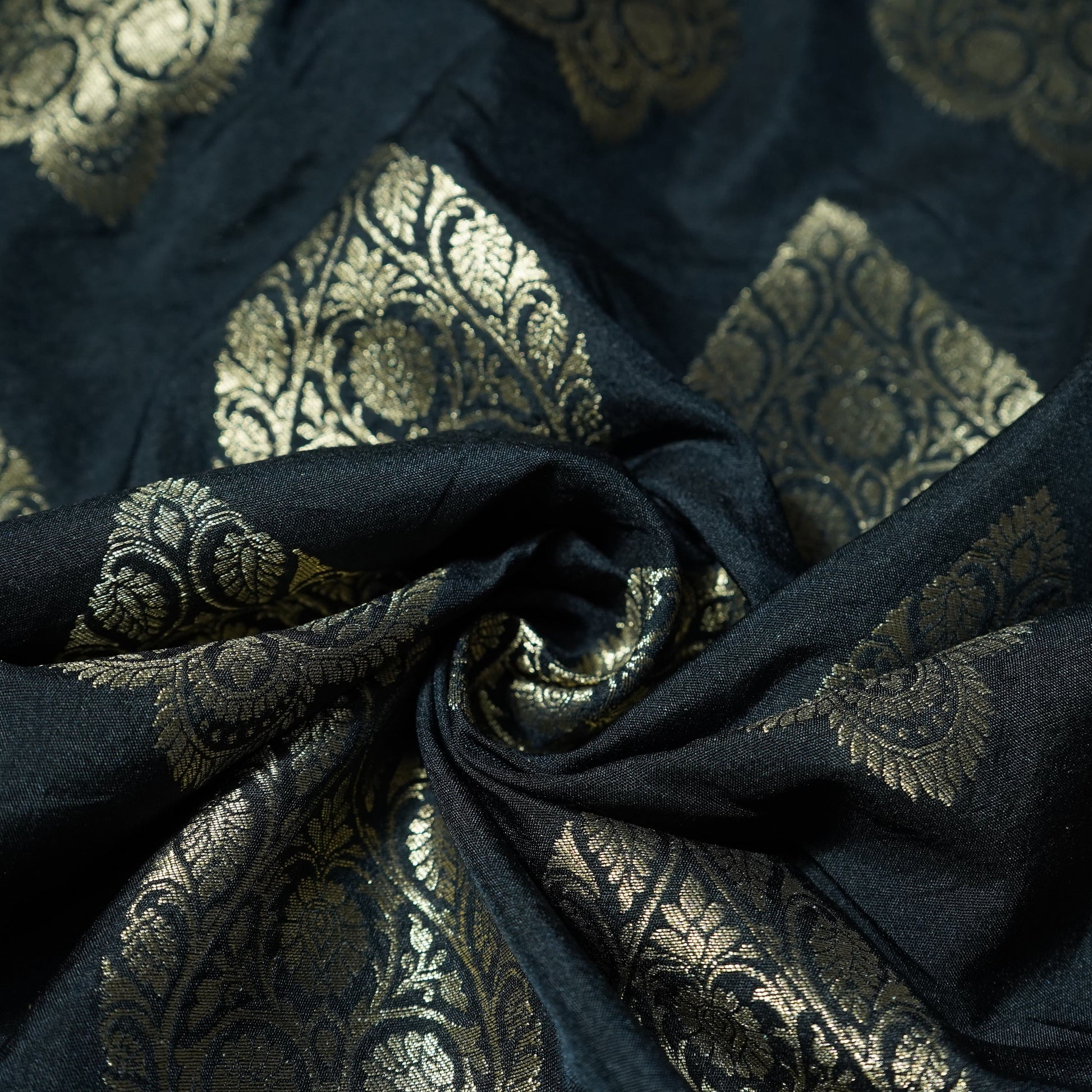 Black Golden Zari Kattan Silk Fabric 21876