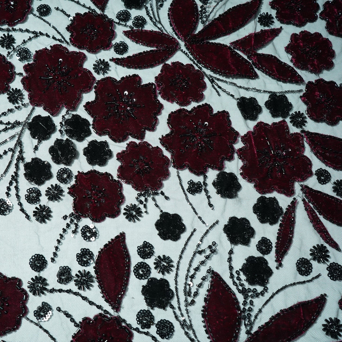 Black Velvet Cutdana Floral Embroidery Net Fabric 21966