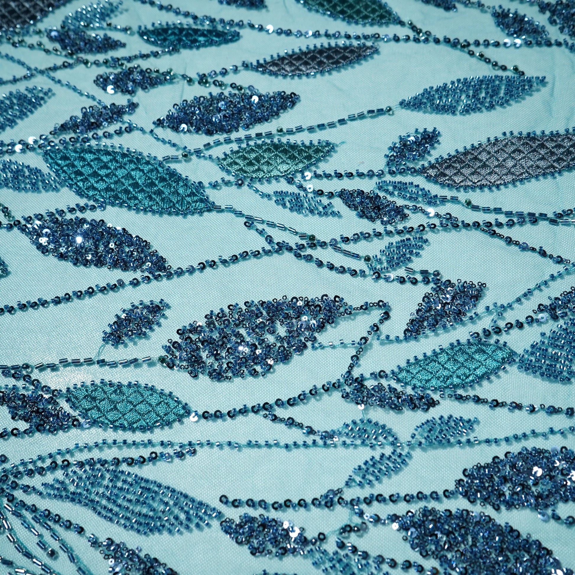 Teal Blue Cutdana & Sequins Embroidery Net Fabric 21965