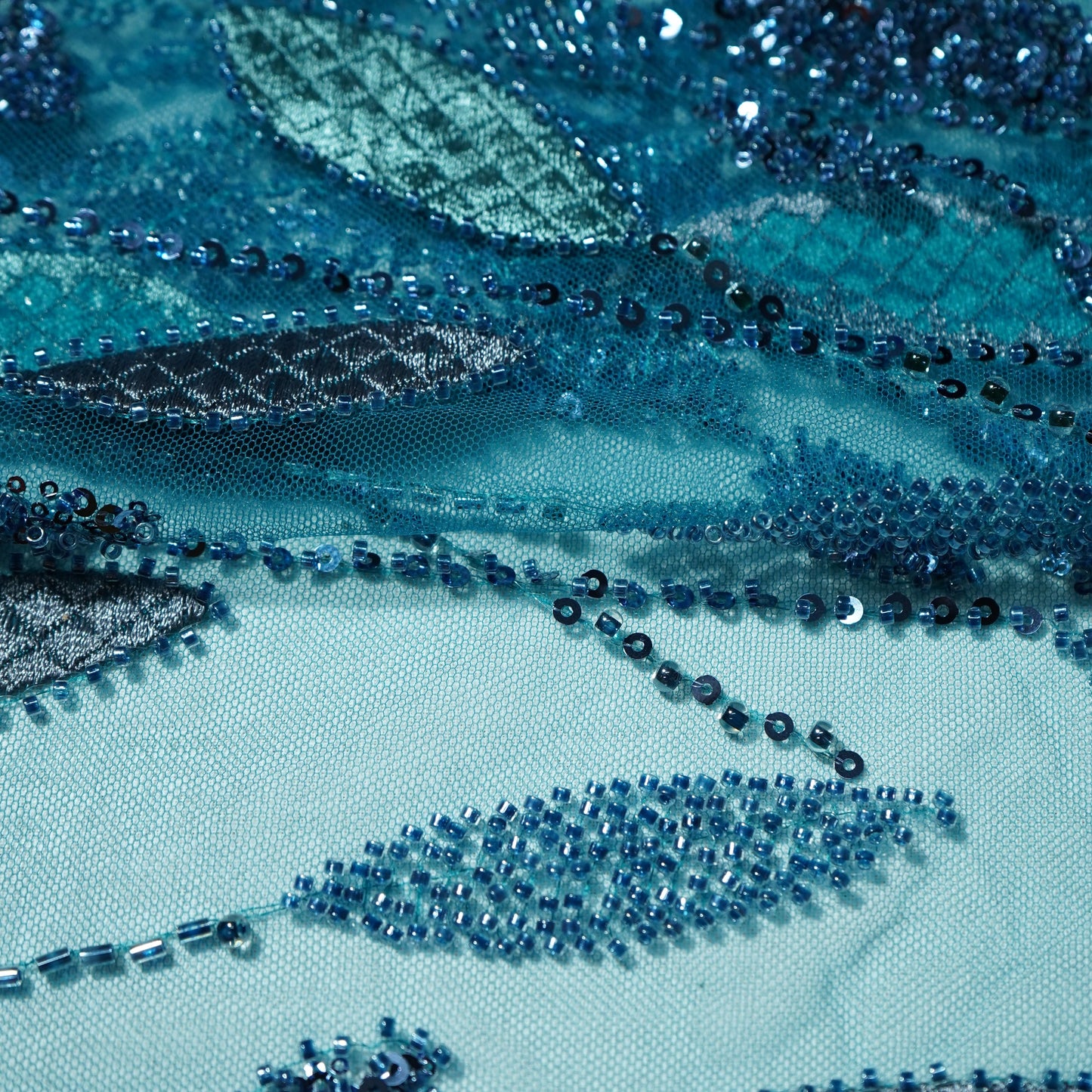 Teal Blue Cutdana & Sequins Embroidery Net Fabric 21965