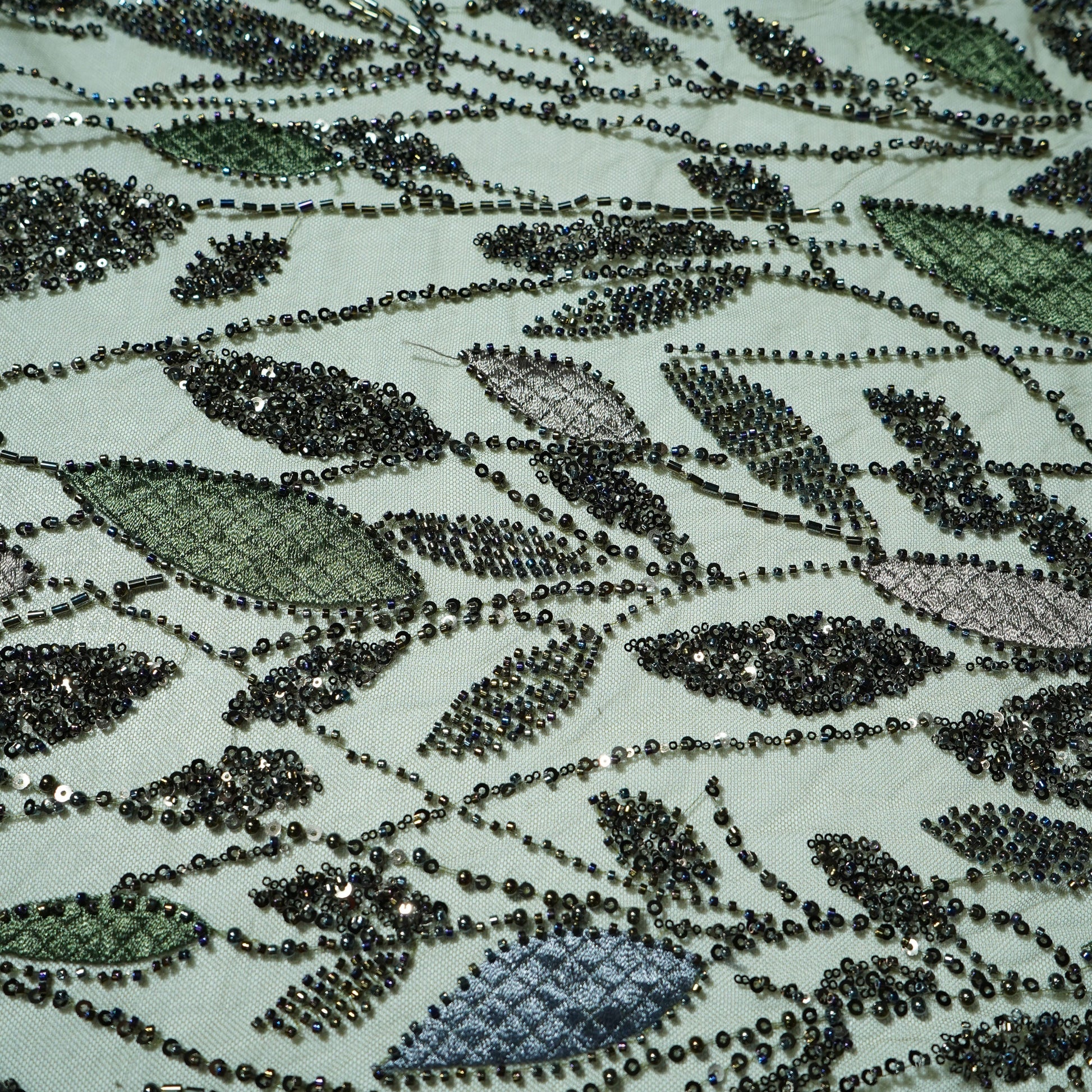 Olive Green Cutdana & Sequins Embroidery Net Fabric 21964