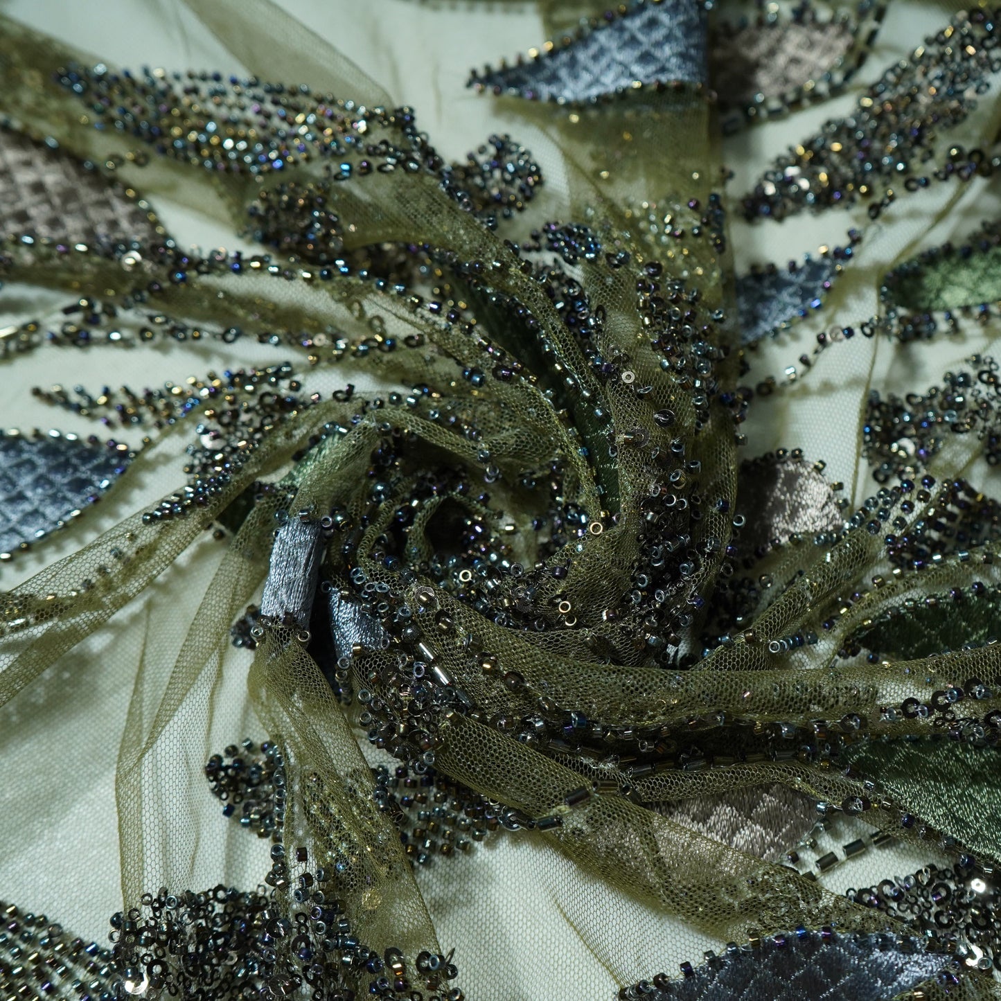 Olive Green Cutdana & Sequins Embroidery Net Fabric 21964