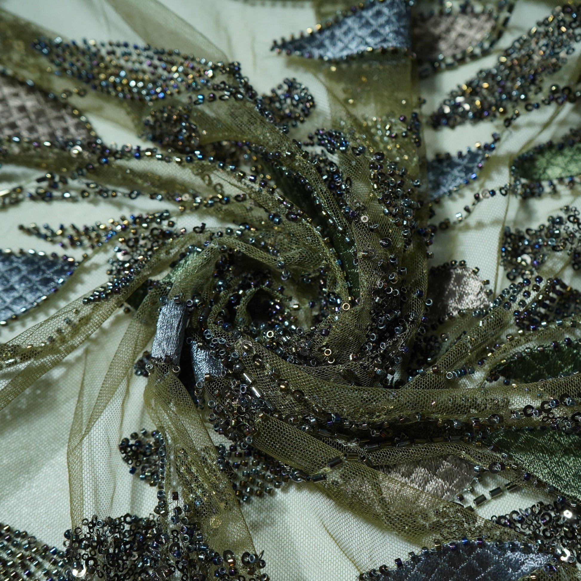 Olive Green Cutdana & Sequins Embroidery Net Fabric 21964