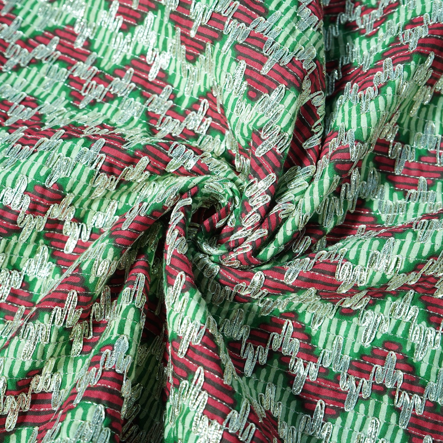 Green Pink Chevron Print Gota Work Cambric Cotton