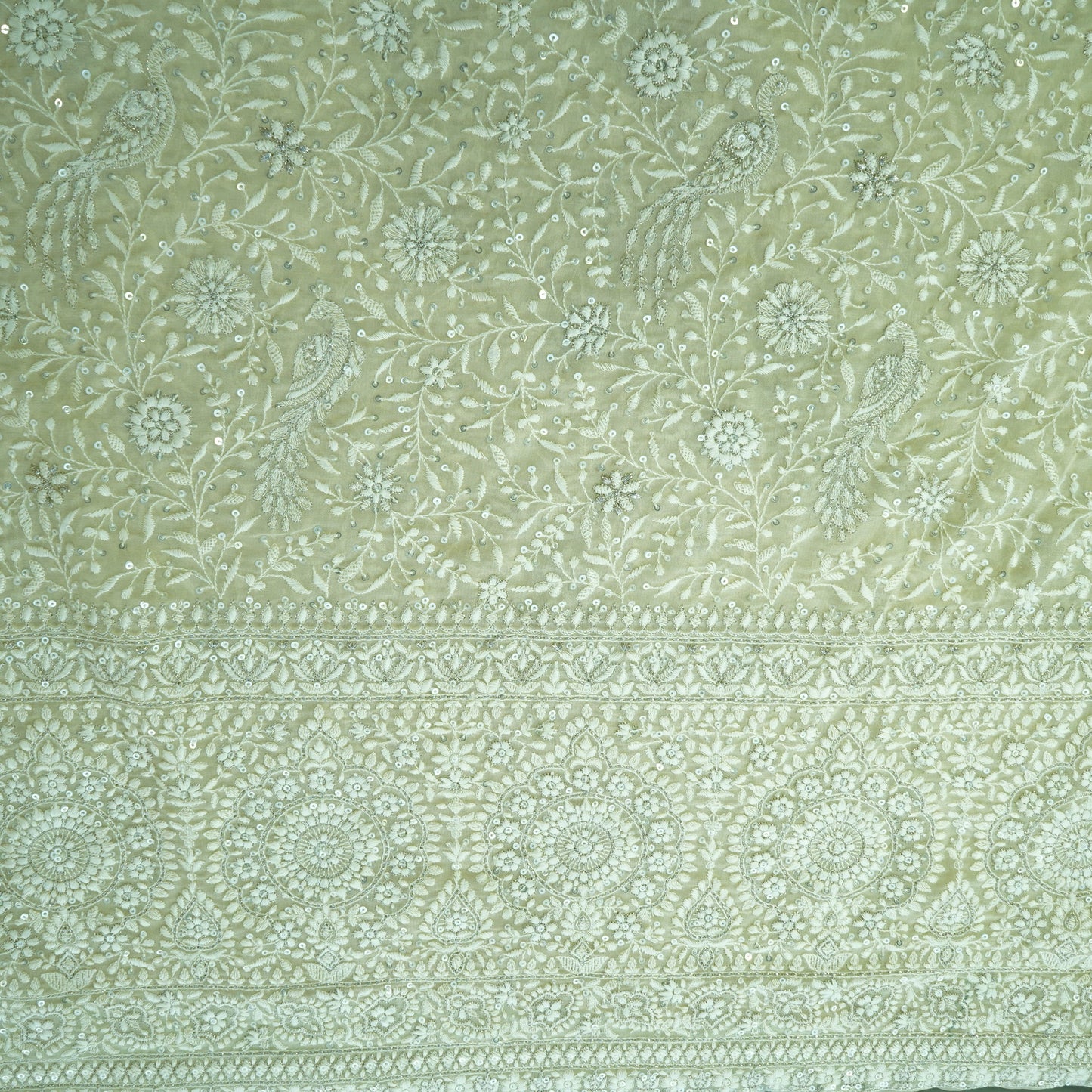 Premium  Cream Floral Sequence Embroidery Georgette Chikankari Fabric