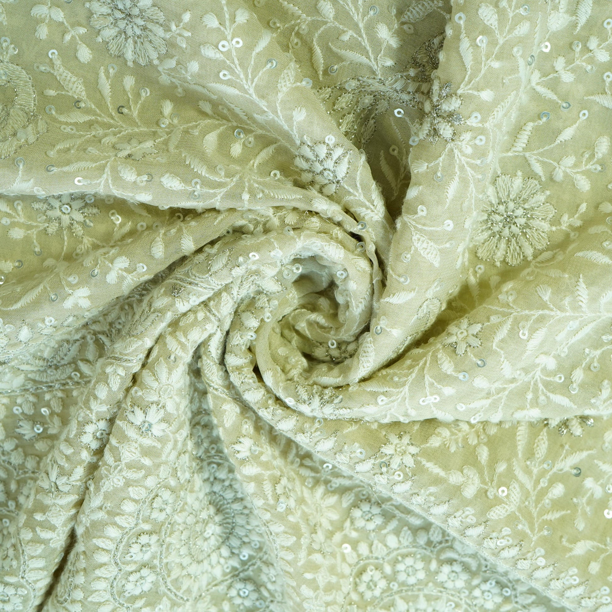 Premium  Cream Floral Sequence Embroidery Georgette Chikankari Fabric