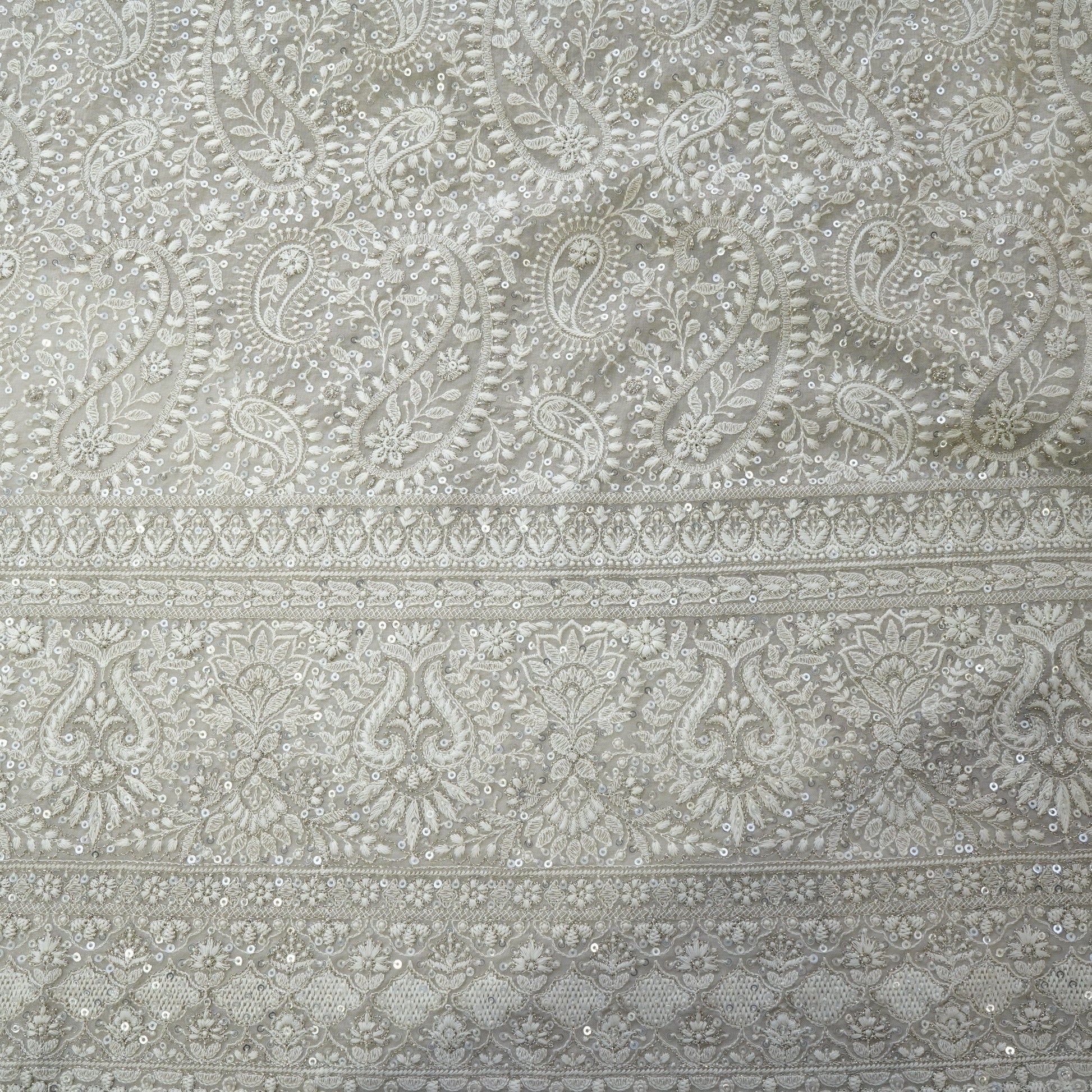 Premium  Dark Cream Heavy Paisley Sequence Embroidery Georgette Chikankari Fabric