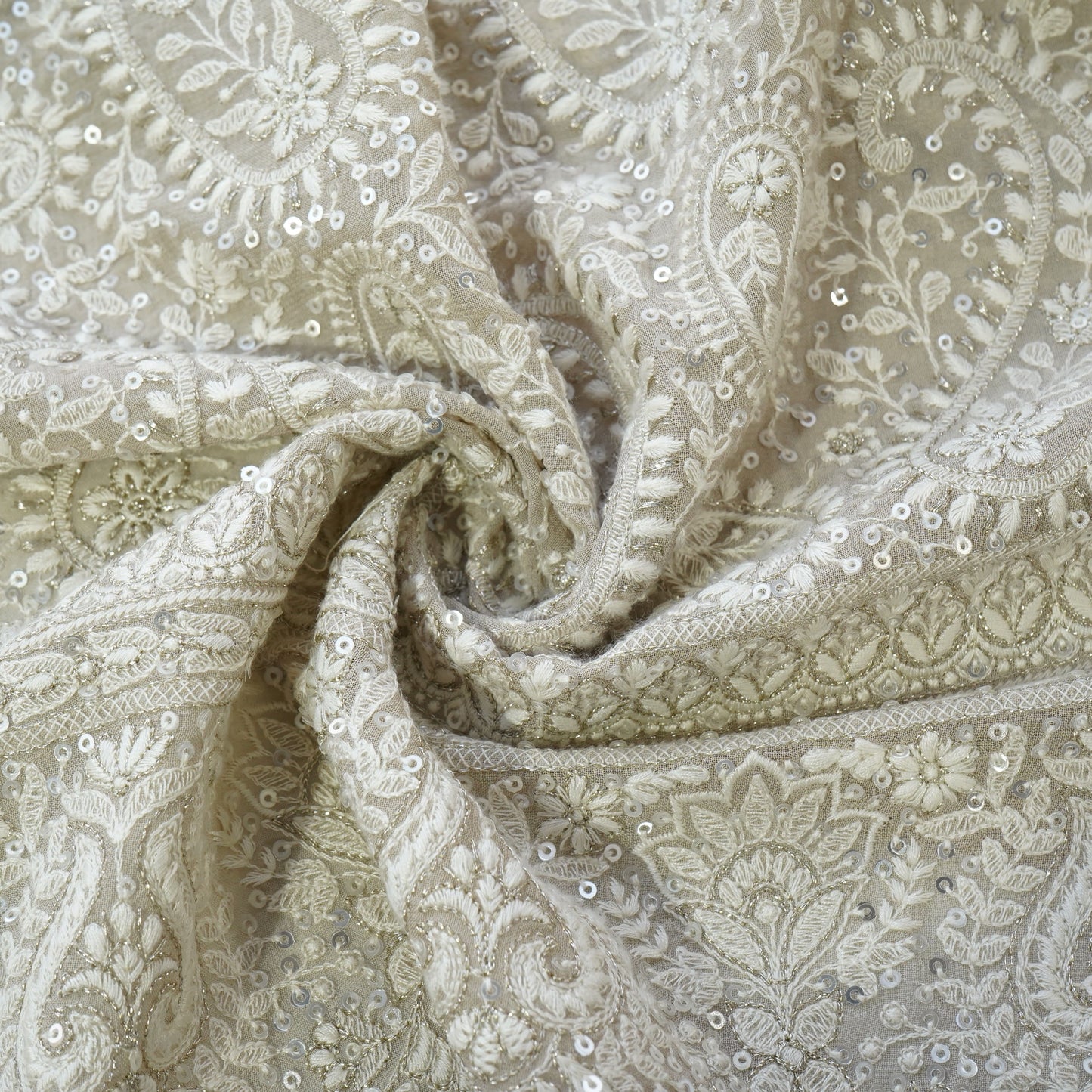 Premium  Dark Cream Heavy Paisley Sequence Embroidery Georgette Chikankari Fabric