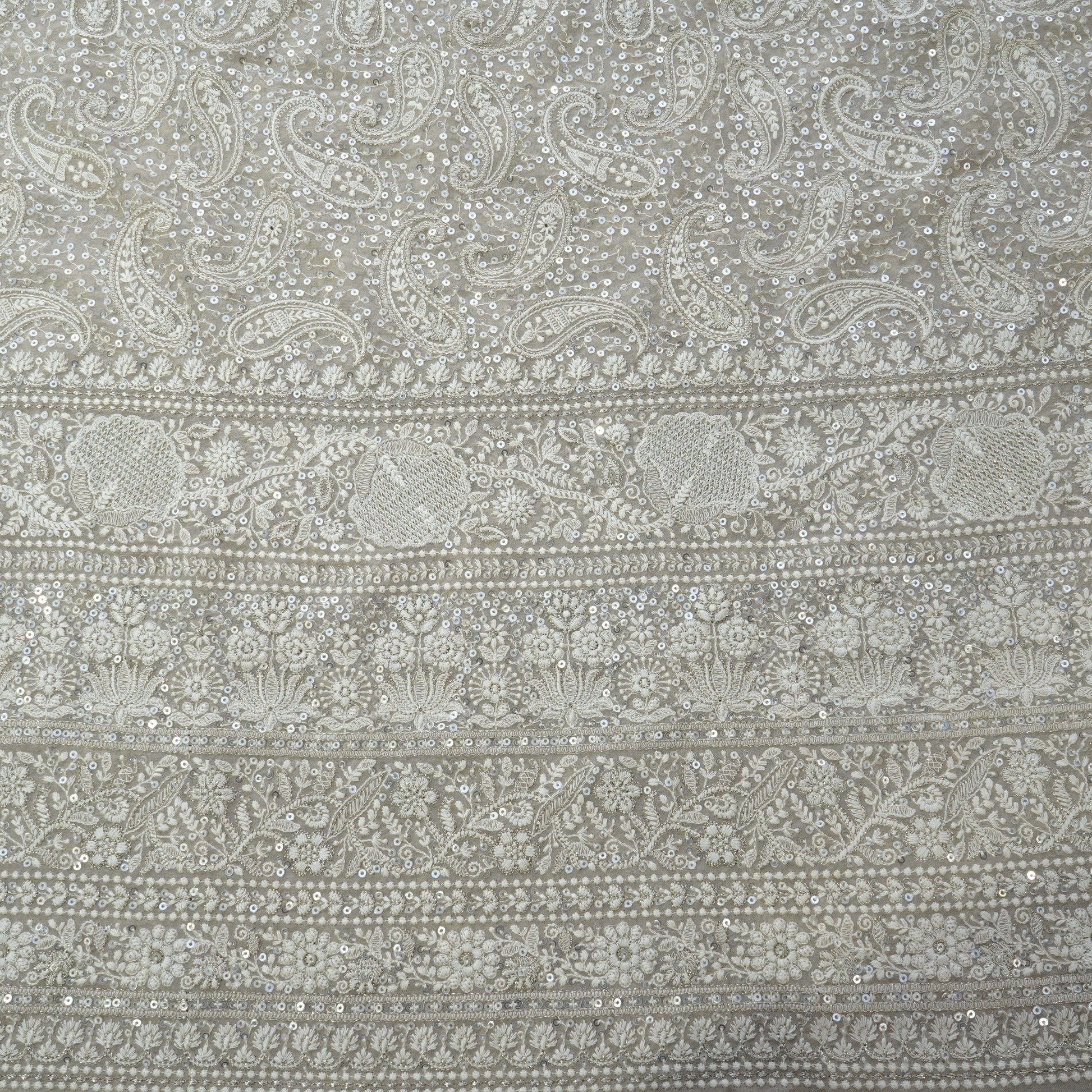 Premium  Dark Cream Paisley Sequence Embroidery Georgette Chikankari Fabric