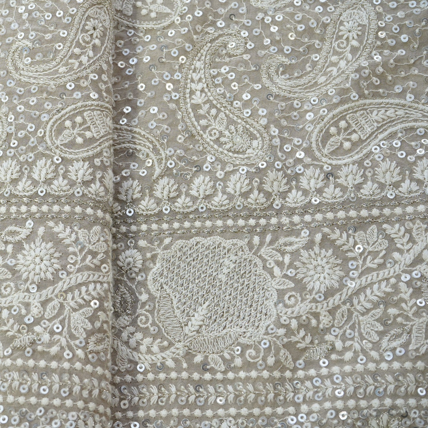 Premium  Dark Cream Paisley Sequence Embroidery Georgette Chikankari Fabric