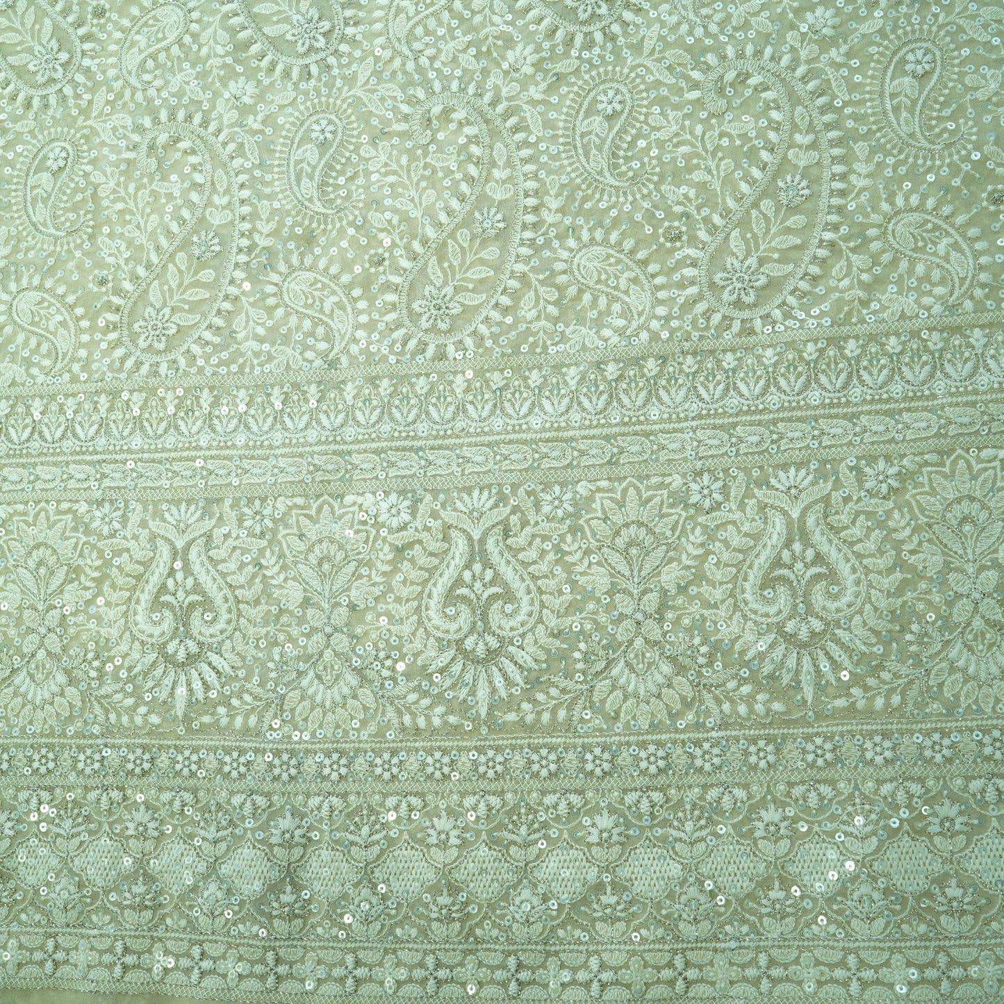 Premium  Cream Heavy Paisley Sequence Embroidery Georgette Chikankari Fabric