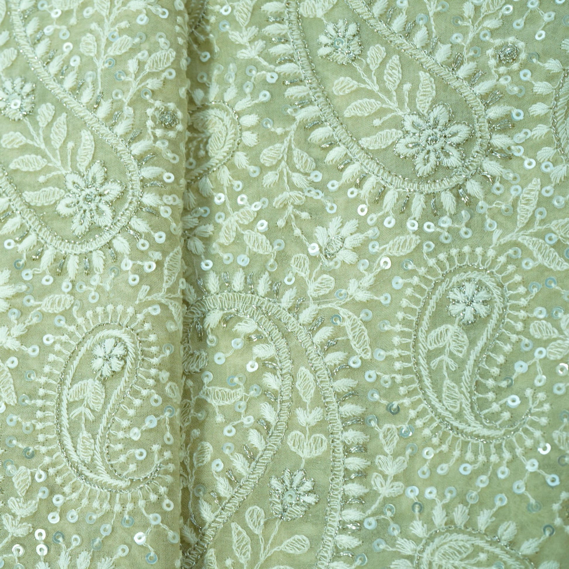 Premium  Cream Heavy Paisley Sequence Embroidery Georgette Chikankari Fabric