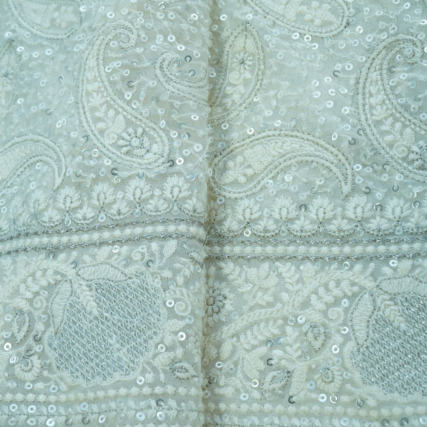 Premium  OffWhite Paisley Sequence Embroidery Georgette Chikankari Fabric