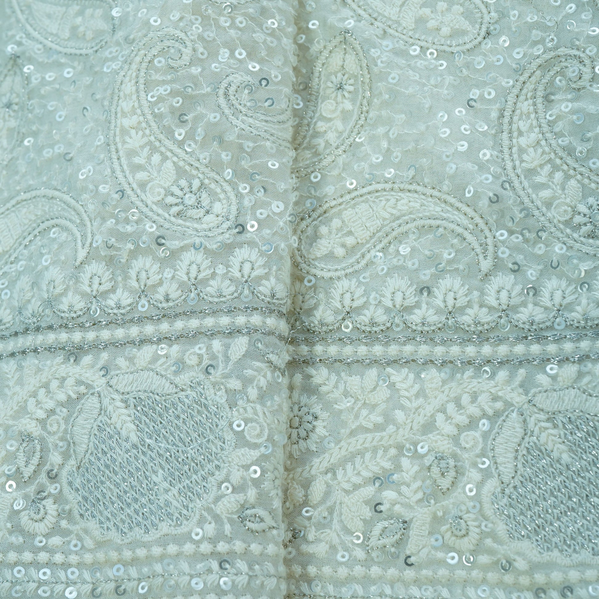 Premium  OffWhite Paisley Sequence Embroidery Georgette Chikankari Fabric