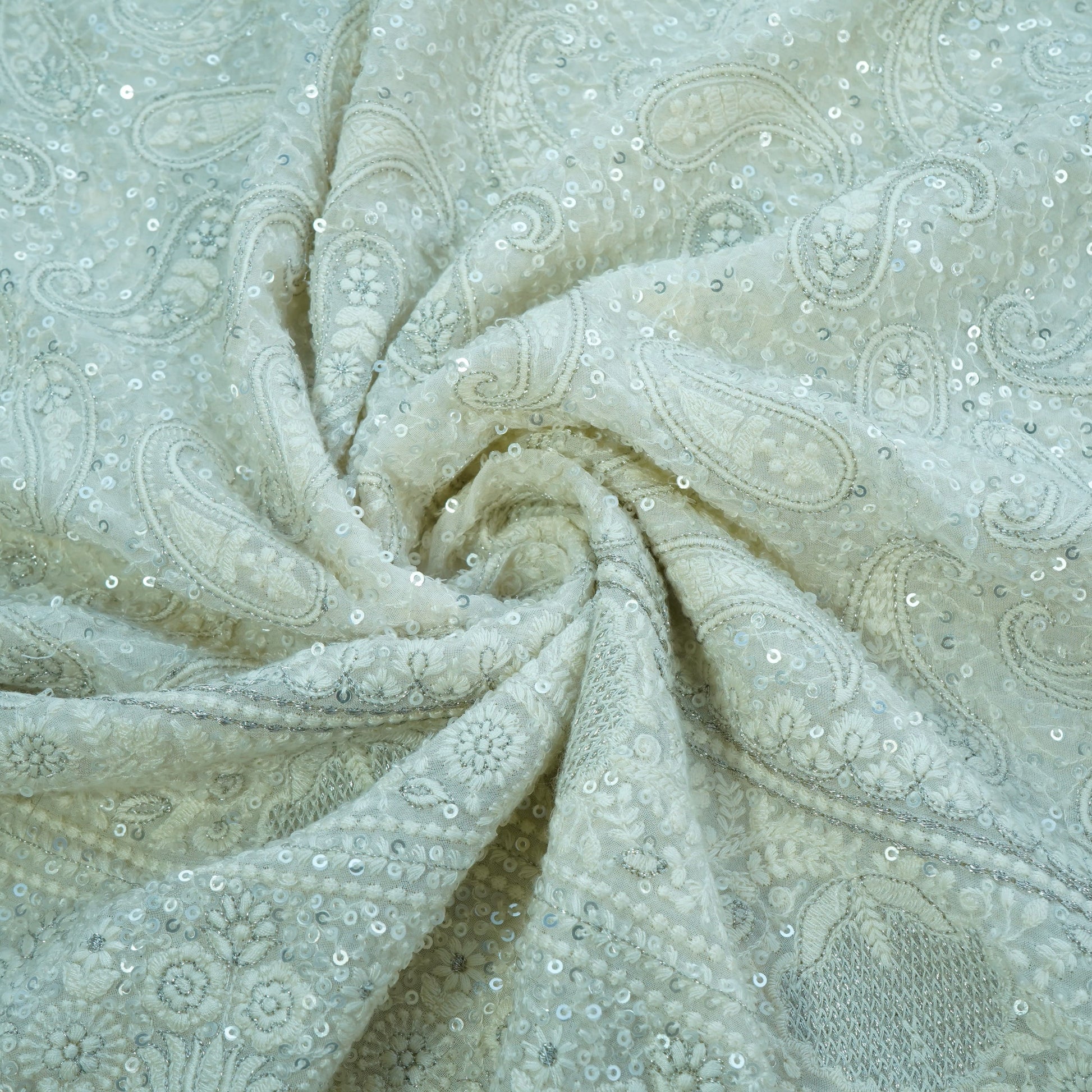 Premium  OffWhite Paisley Sequence Embroidery Georgette Chikankari Fabric