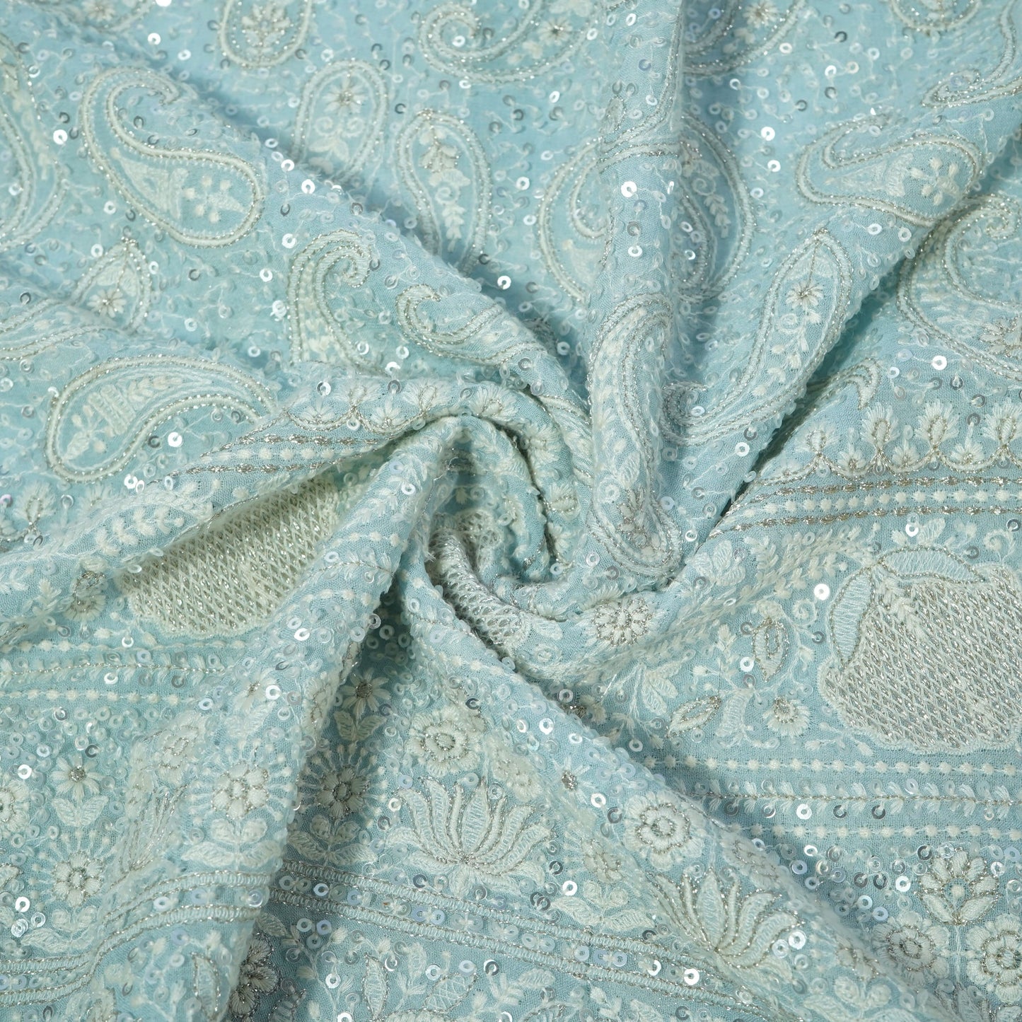 Sky Blue Paisley Sequins Embroidery Georgette Chikankari 16712