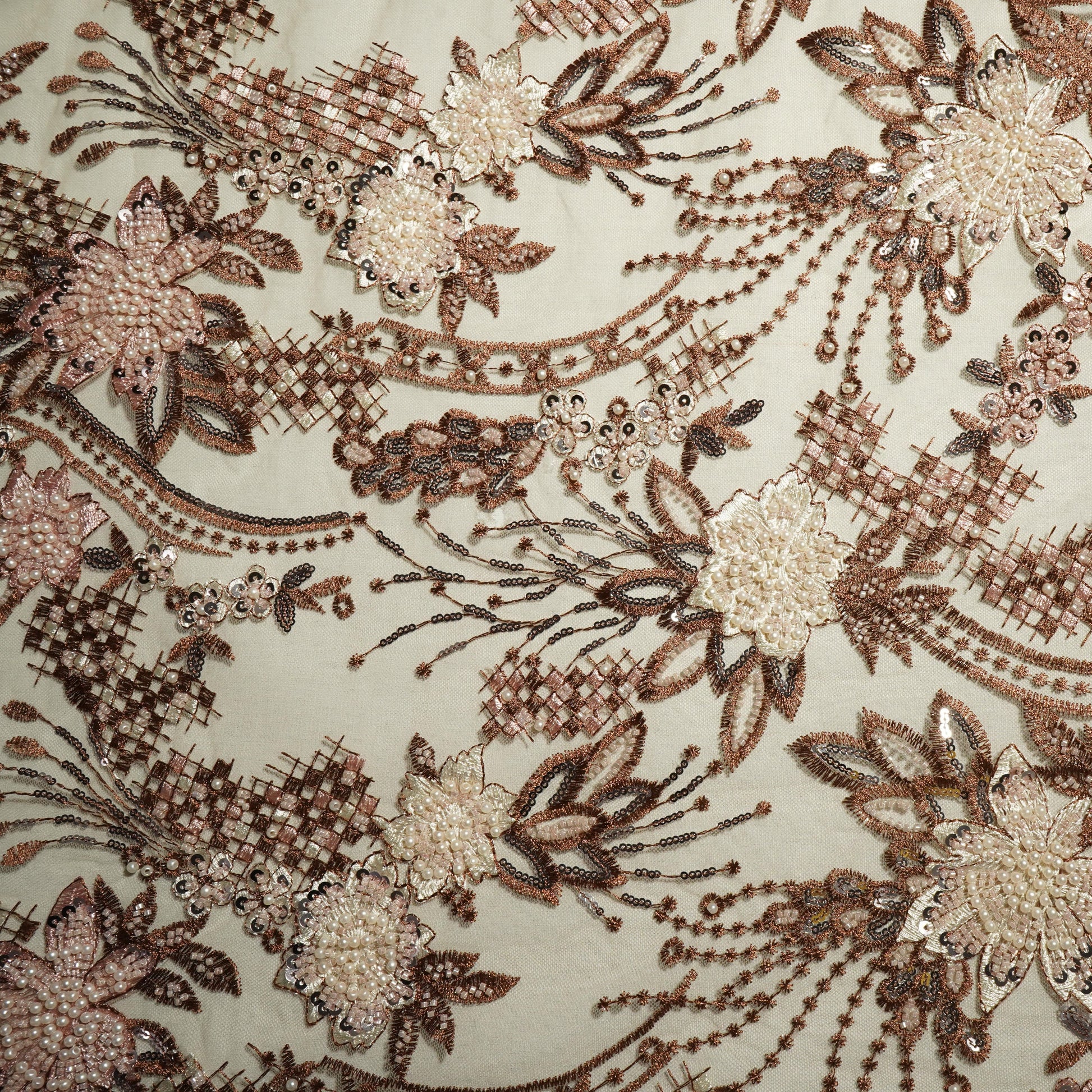 Cream & Pink Floral Pearl & Beads Imported Sequence Embroidery Net Fabric