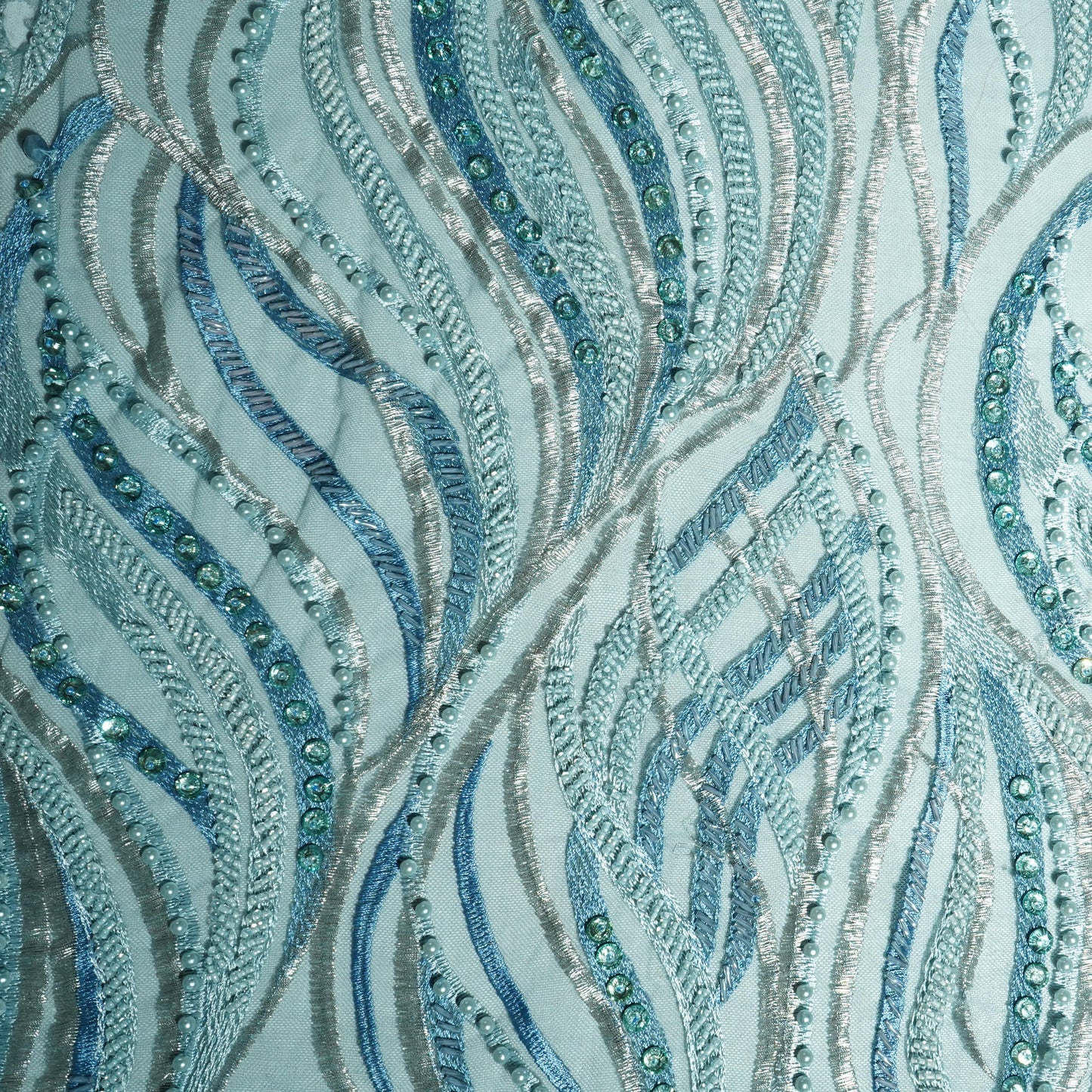 Teal Blue Imported Pearl & Beads Sequence Thread Embroidery Net Fabric