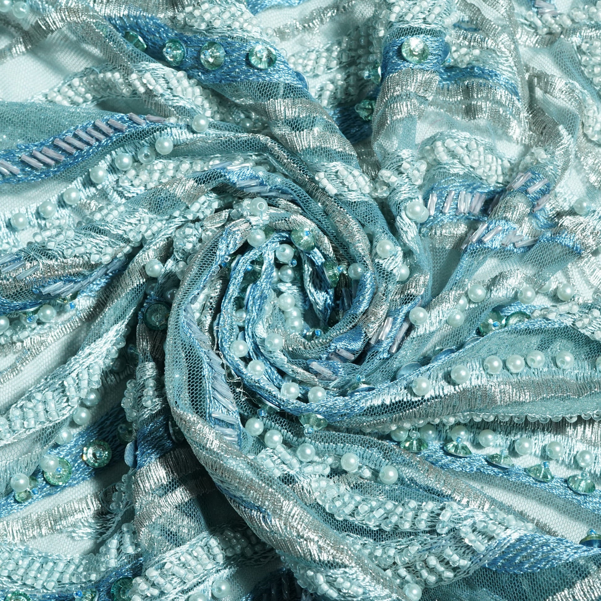 Teal Blue Imported Pearl & Beads Sequence Thread Embroidery Net Fabric