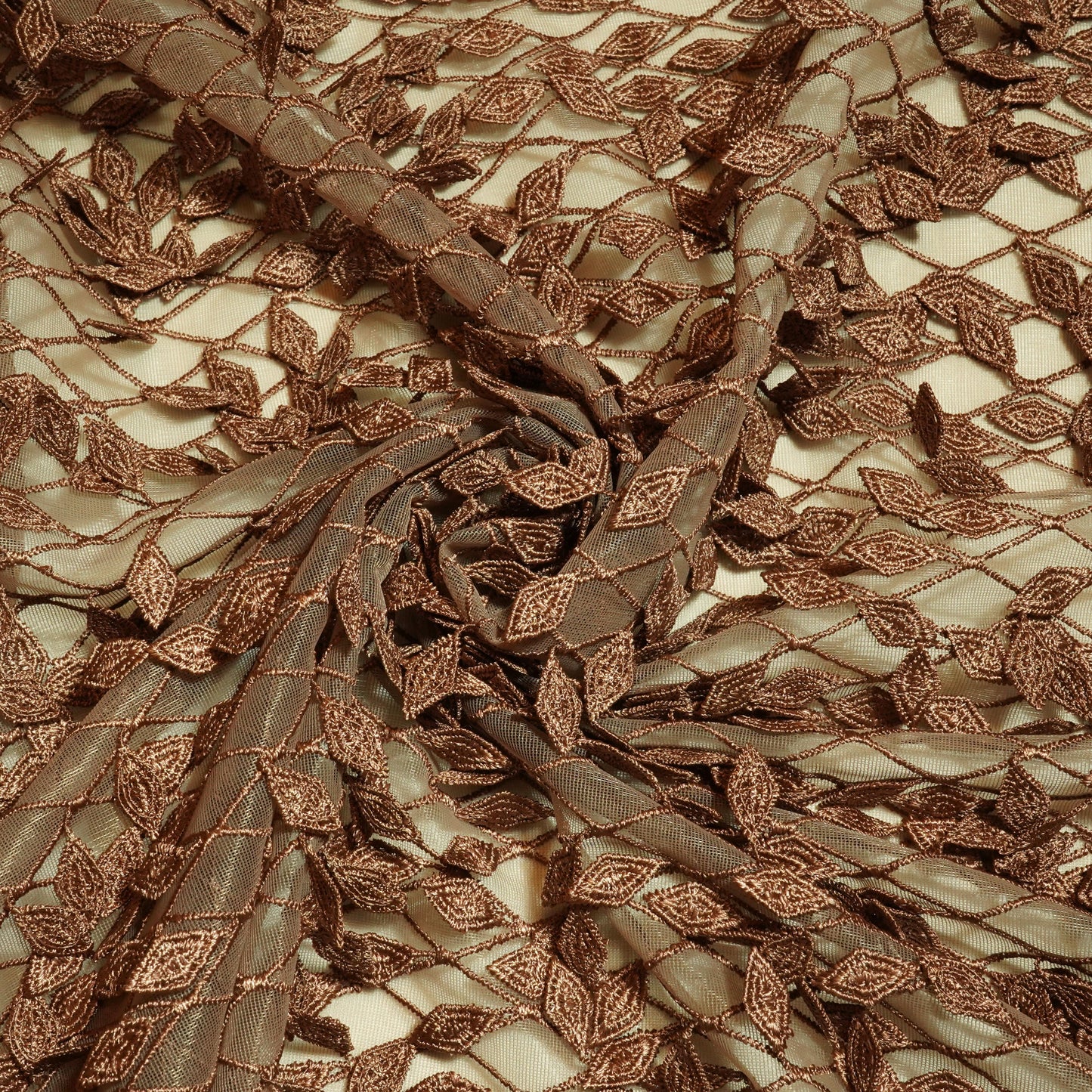 Brown 3D Cutwork Premium Net Fabric