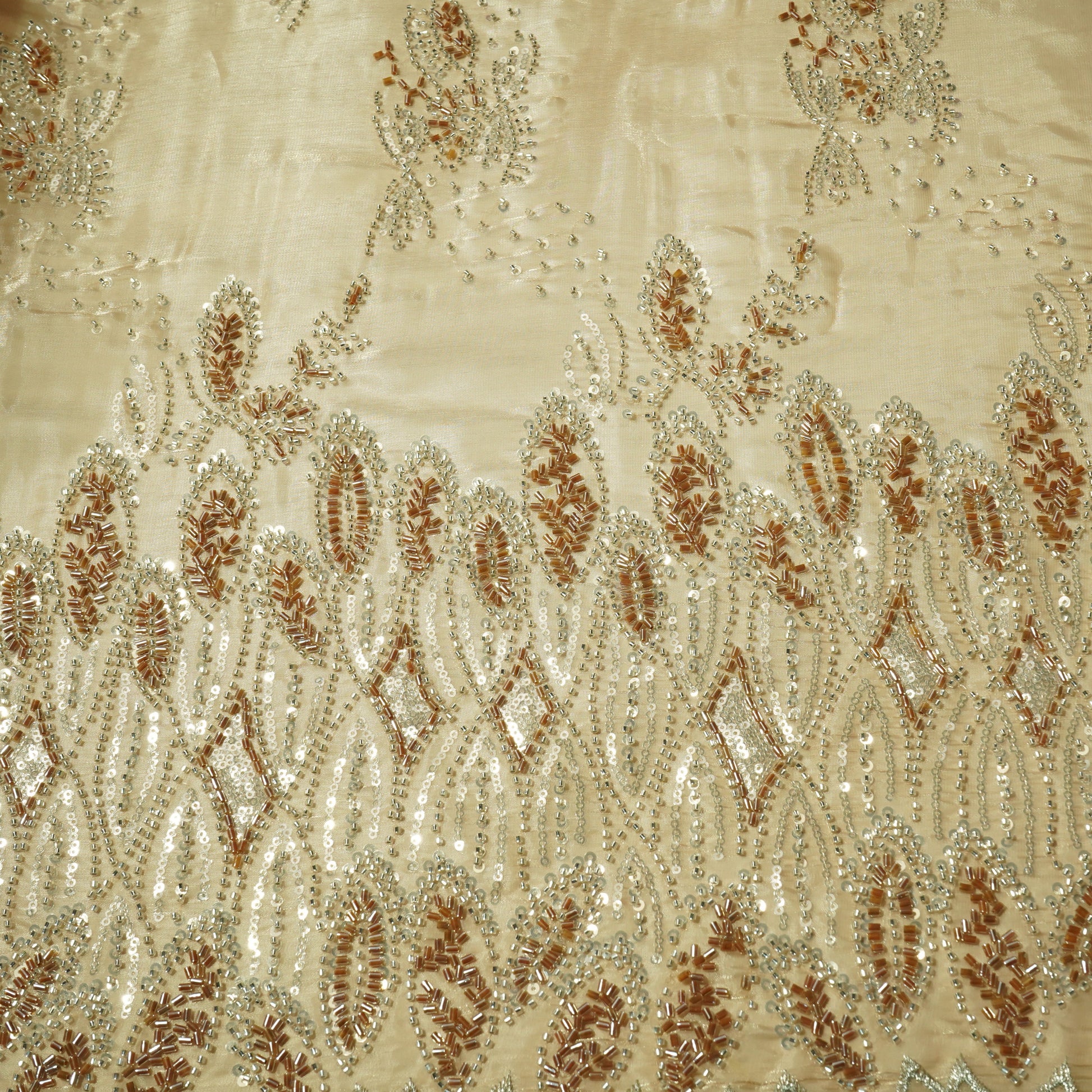 Beige Cutdana & Sequins Embroidery Organza Fabric