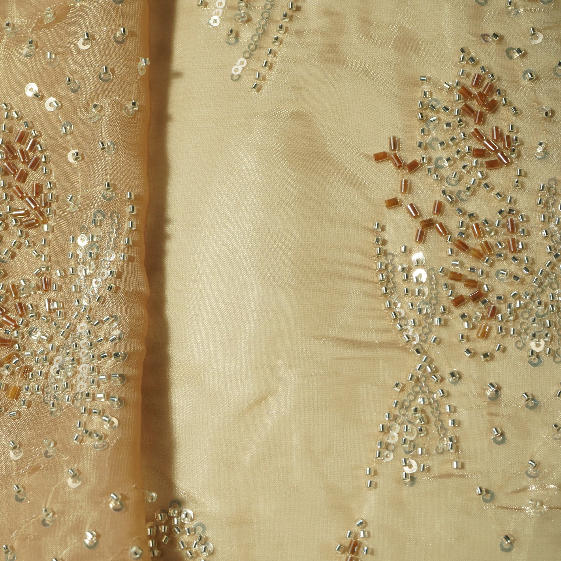 Beige Cutdana & Sequins Embroidery Organza Fabric