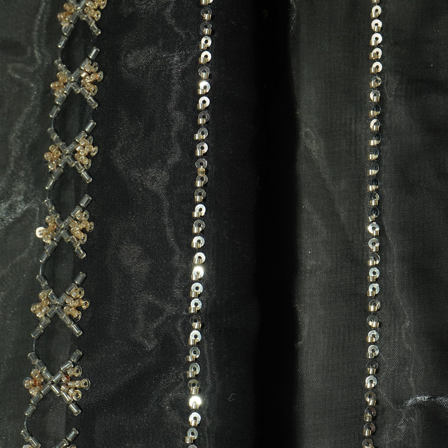 Black Cutdana & Sequins Embroidery Organza Fabric