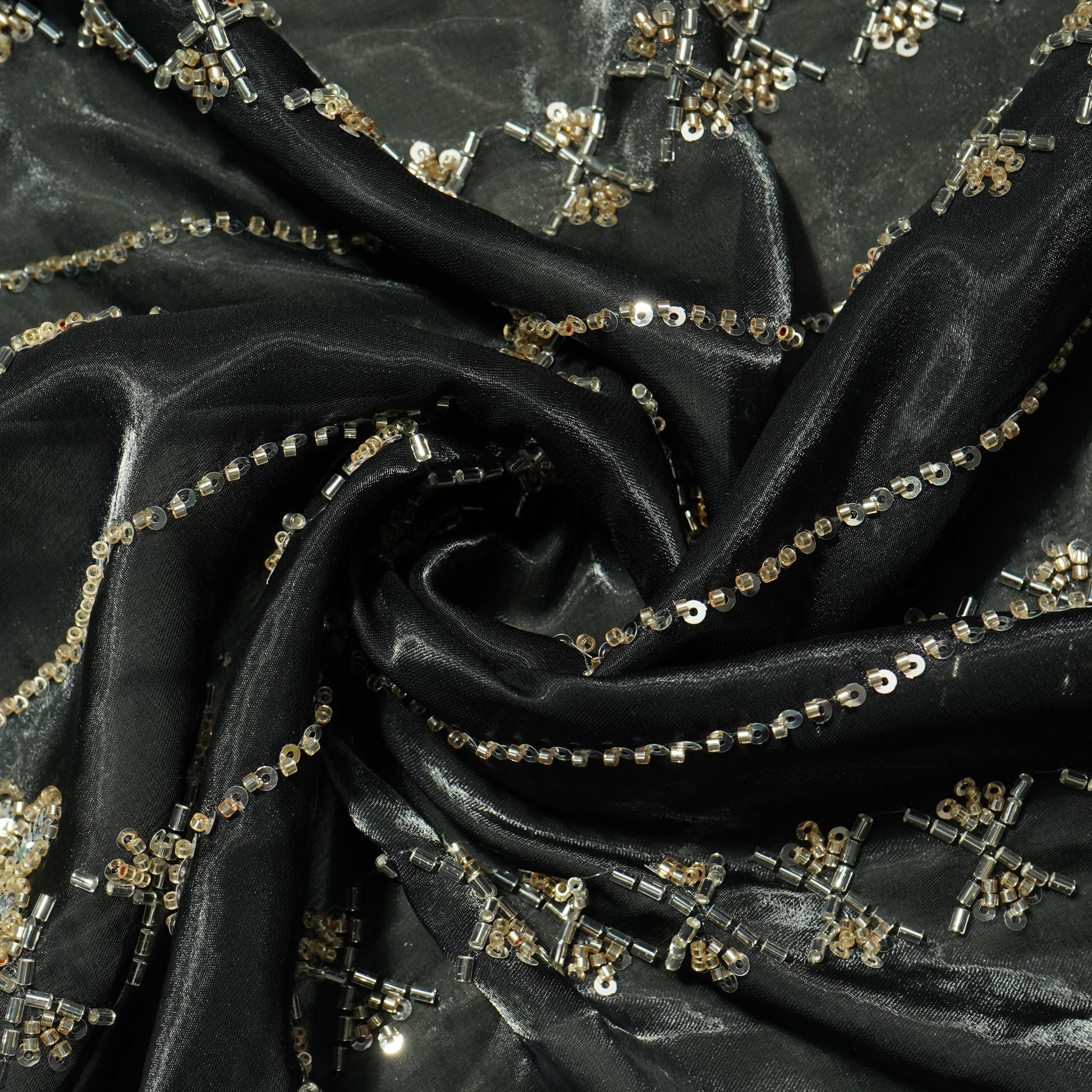 Black Cutdana & Sequins Embroidery Organza Fabric