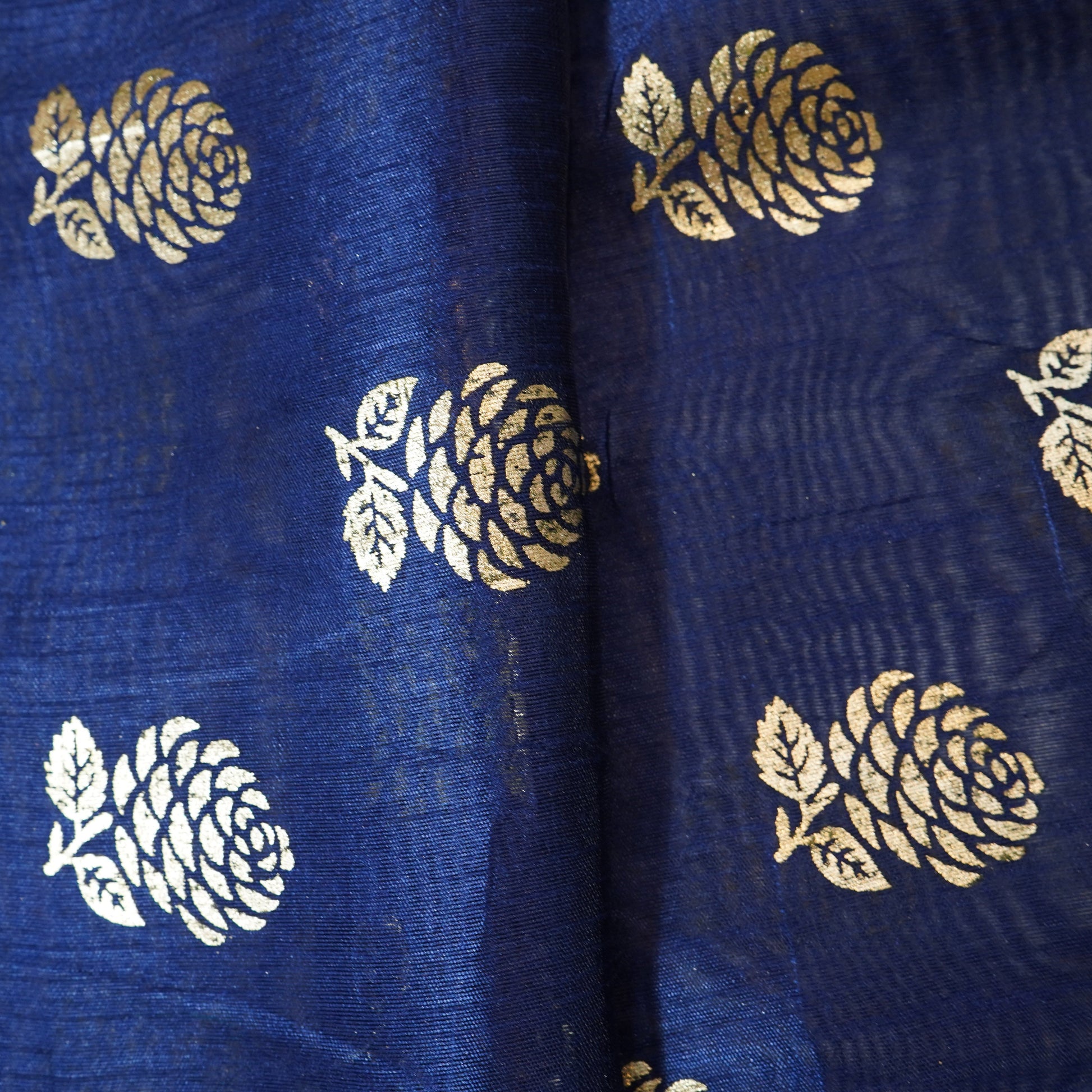 Navy Blue Golden Floral  with foil Chanderi Fabric